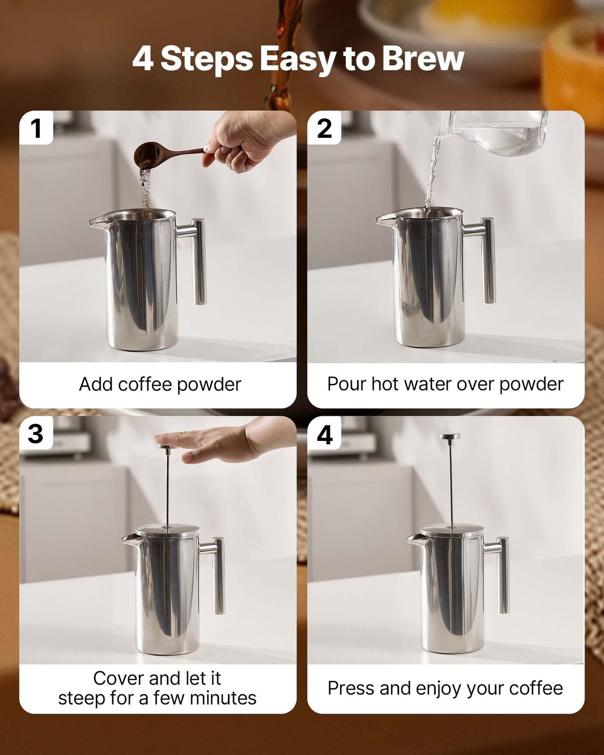 French Press Coffee Maker, 34 Ounce 1 Liter Stainless Steel Coffee Press Tea Maker with Filter, Large Double Wall Insulated French Presses Cold Brew for Camping Travel Home Kitchen, Silver