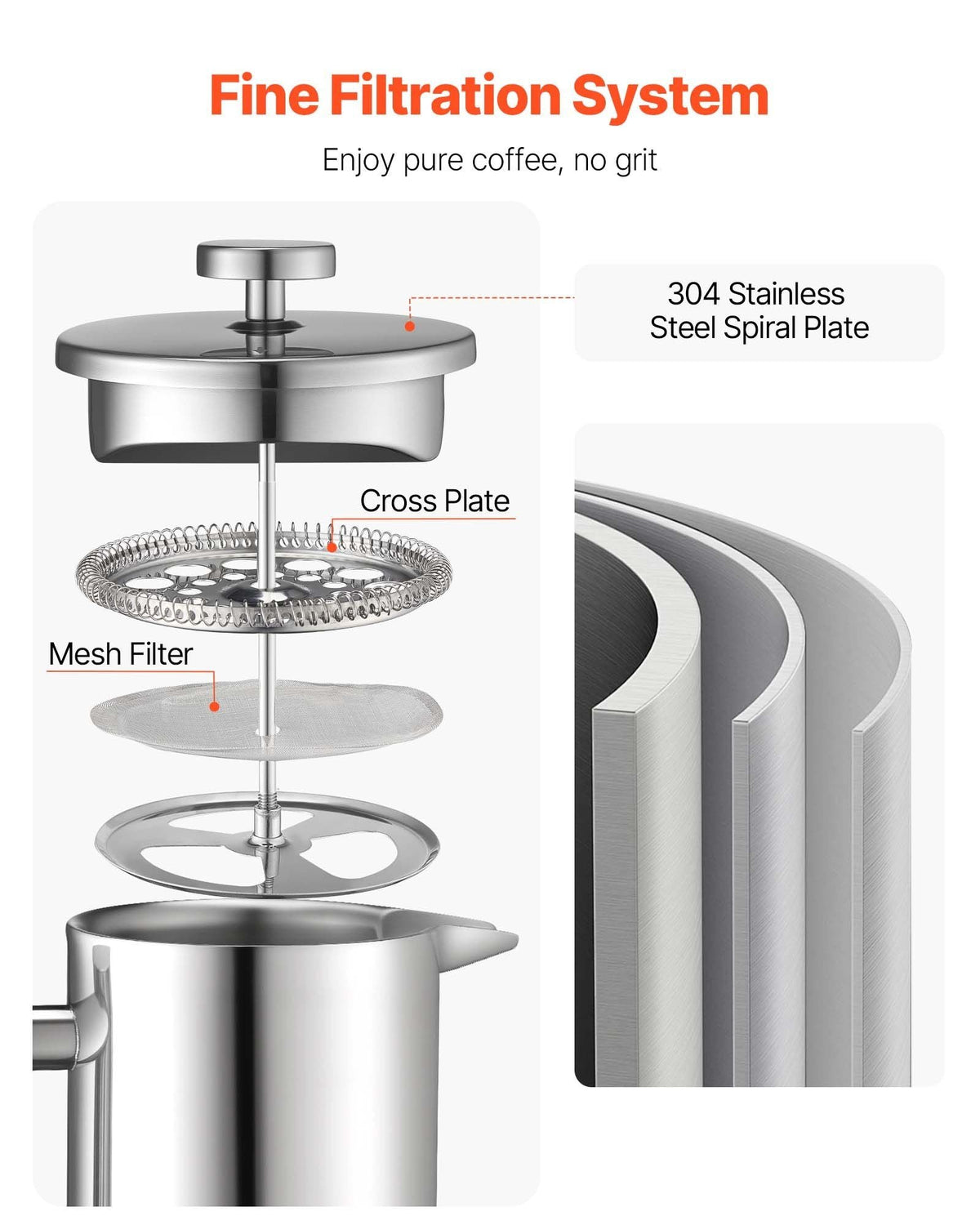 French Press Coffee Maker, 34 Ounce 1 Liter Stainless Steel Coffee Press Tea Maker with Filter, Large Double Wall Insulated French Presses Cold Brew for Camping Travel Home Kitchen, Silver
