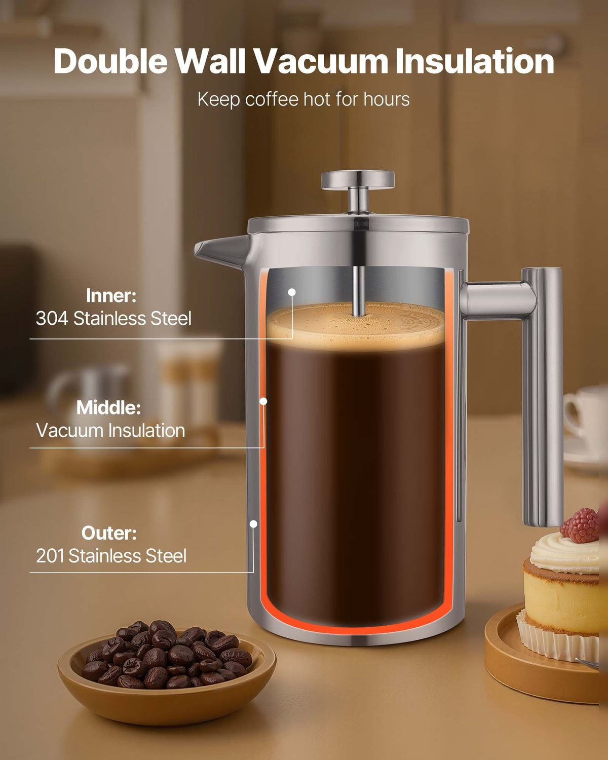 French Press Coffee Maker, 34 Ounce 1 Liter Stainless Steel Coffee Press Tea Maker with Filter, Large Double Wall Insulated French Presses Cold Brew for Camping Travel Home Kitchen, Silver