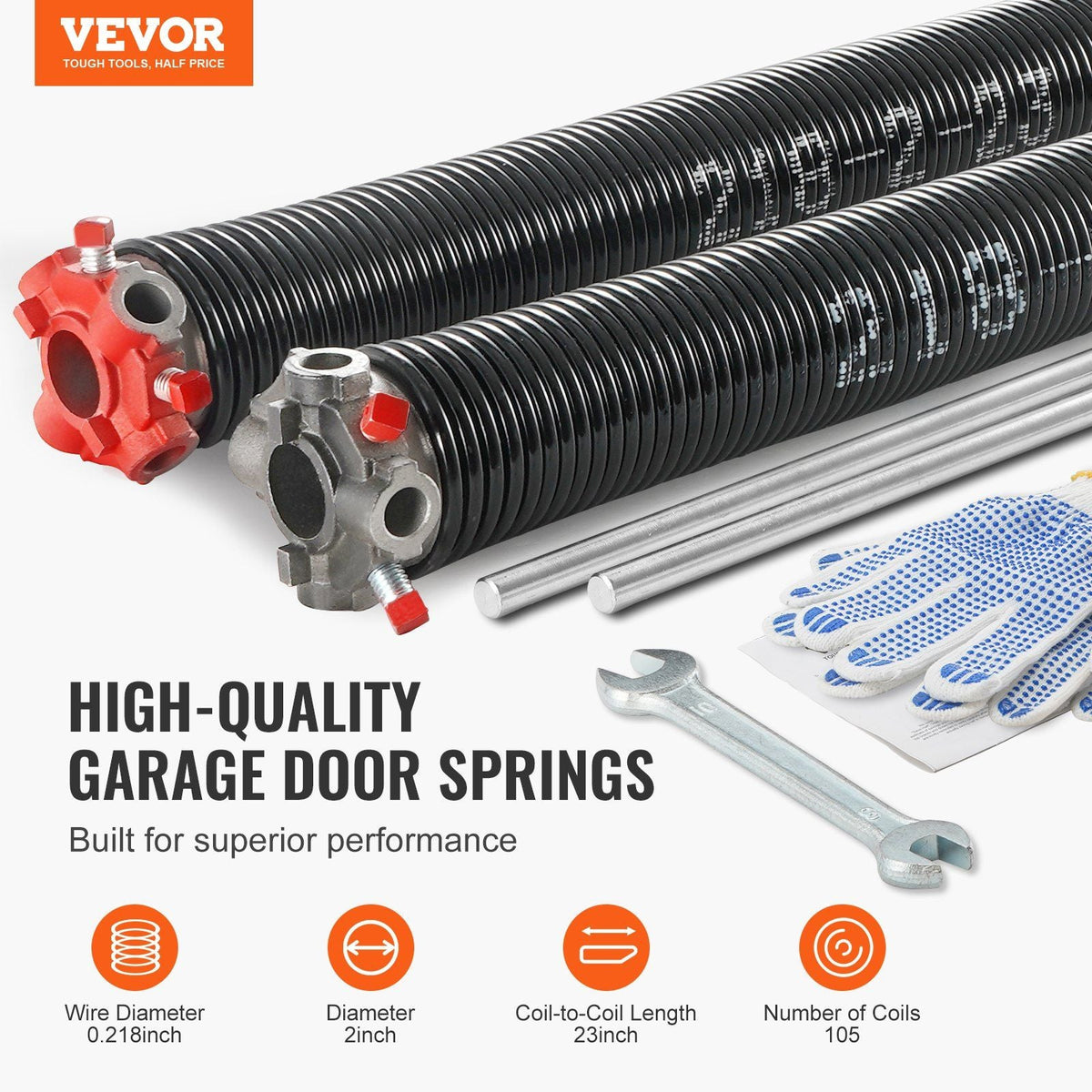 Garage Door Torsion Springs, Pair of 0.218 x 2 x 23inch, Garage Door Springs with Non-Slip Winding Bars, 16000 Cycles, Gloves and Mounting Wrench, Electrophoresis Coated for Replacement