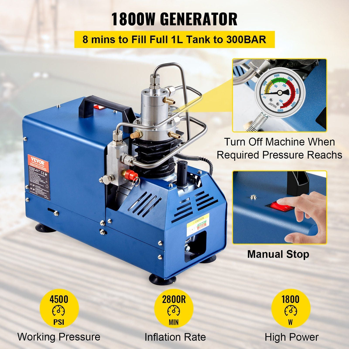 High Pressure Compressor, 4500PSI/30MPA/300BAR High Pressure Air Compressor, 1800W 110V Manual Stop Compressor