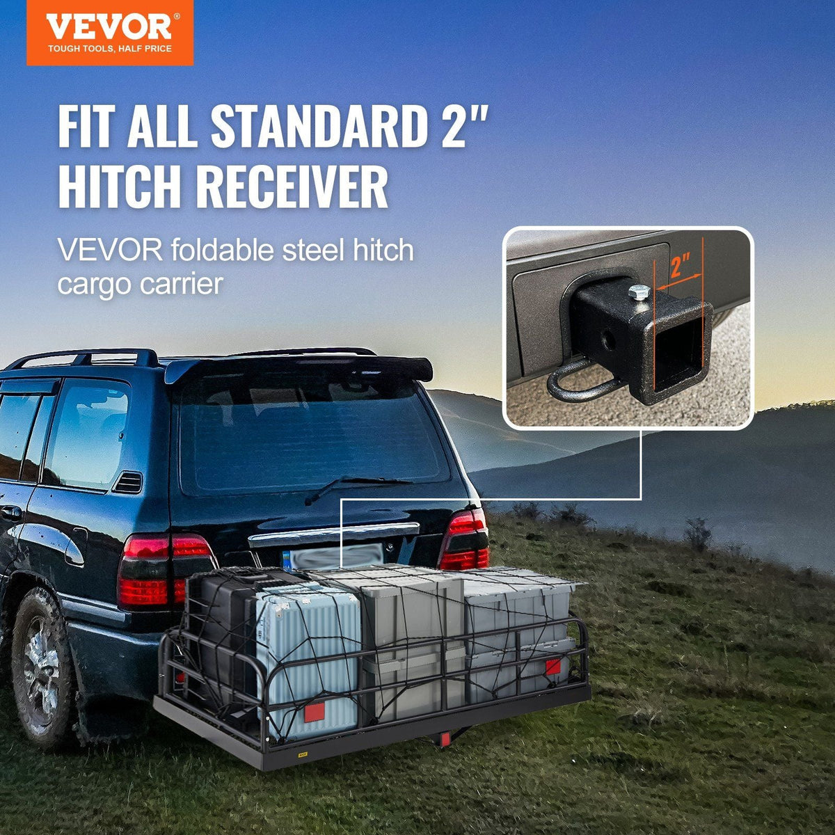 Hitch Cargo Carrier, 60 x 24 x 14 in Folding Trailer Hitch Mounted Steel Cargo Basket, 400lbs Loading Capacity Luggage Carrier Rack with Stabilizer, Fits 2" Hitch Receiver for SUV Truck Pickup