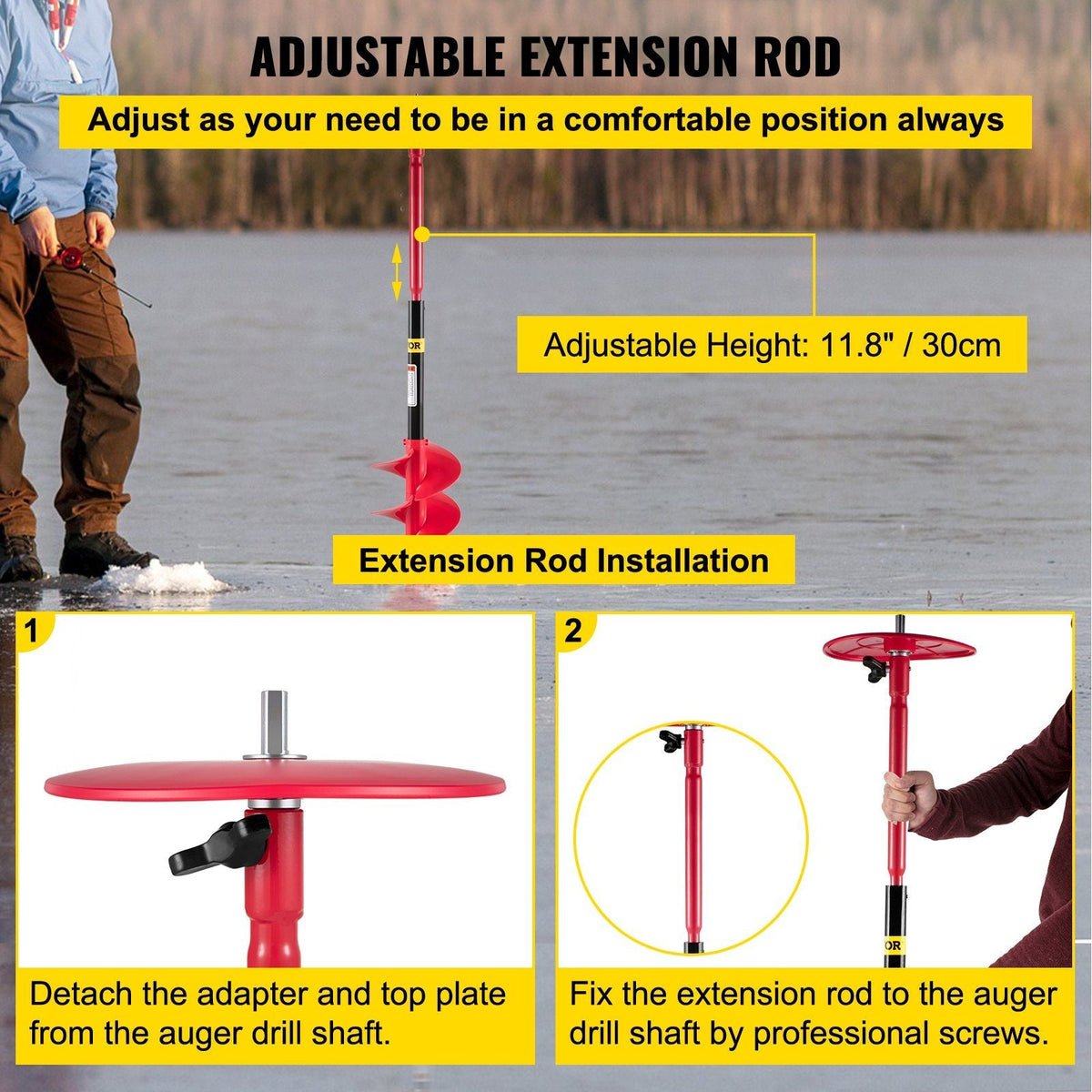 Ice Drill Auger, 8" Diameter Nylon Ice Auger, 39" Length Ice Auger Bit,Auger Drill with 11.8" Extension Rod,Auger Bit w/Drill Adapter,Top Plate & Blade Guard for Ice Fishing Ice Burrowing Red