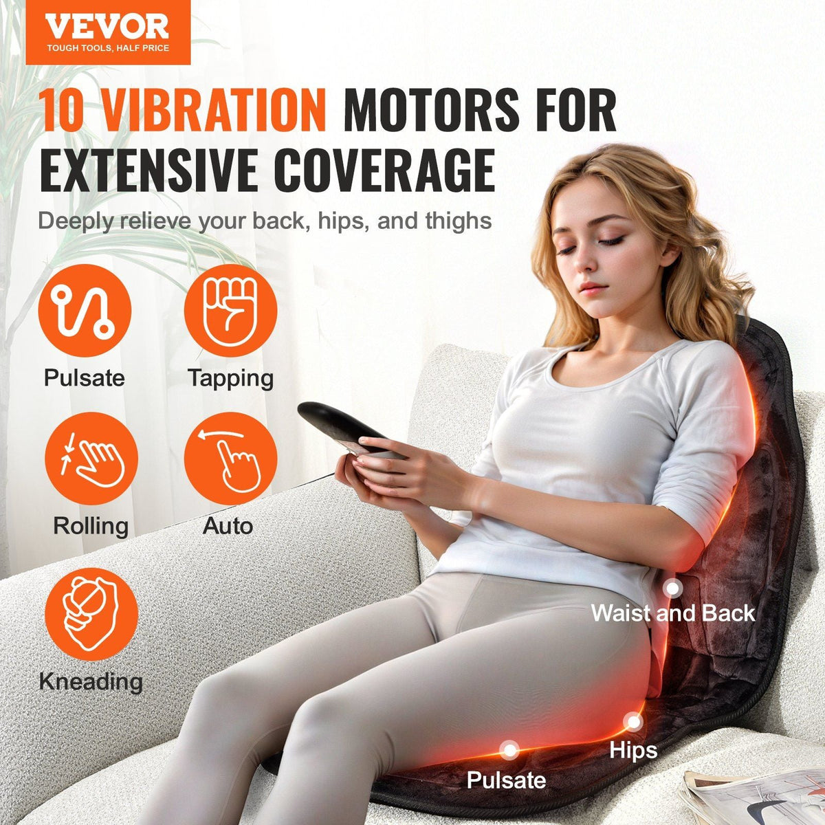 Massage Seat Cushion with Heat, 10 Vibration Motor Seat Massage Pad, Vibrating Massage Chair Mat with 5 Modes & 4 Intensities, 3 Heating Pads for Home Office, Fatigue Relief for Back, Hip, Thigh