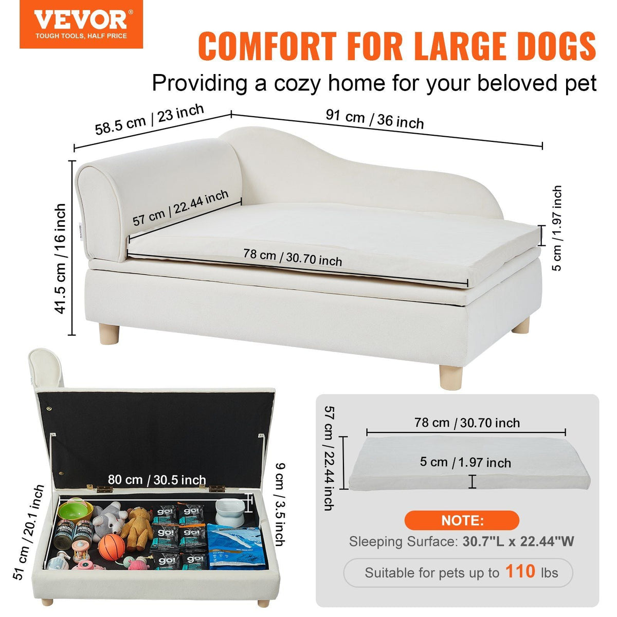 Pet Sofa, Dog Couch for Large-Sized Dogs and Cats, Soft Velvety Dog Sofa Bed, 110 lbs Loading Cat Sofa, White