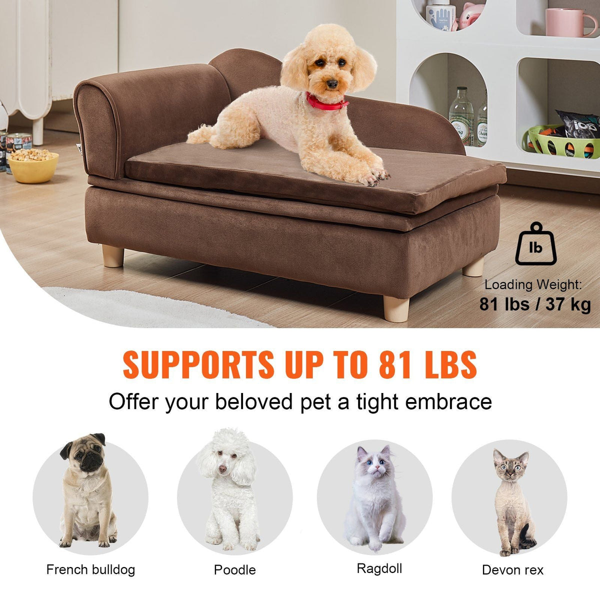 Pet Sofa, Dog Couch for Medium-Sized Dogs and Cats, Soft Velvety Dog Sofa Bed, 81 lbs Loading Cat Sofa, Dark Brown
