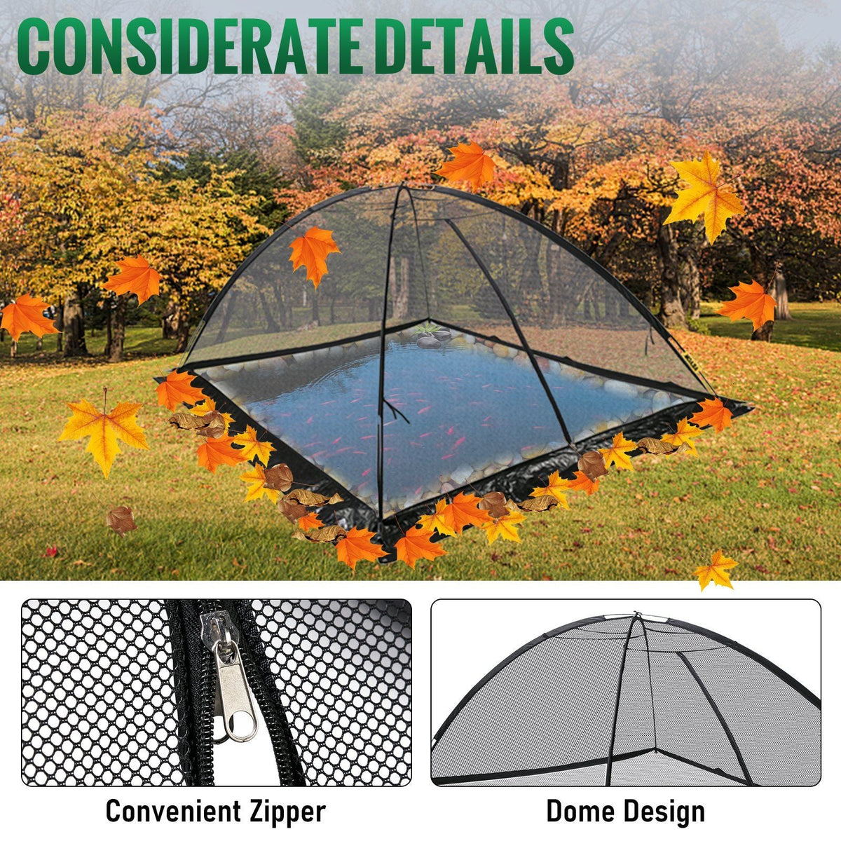 Pond Cover Dome, 7x9 FT Garden Pond Net, 1/2 inch Mesh Dome Pond Net Covers with Zipper and Wind Rope, Black Nylon Pond Netting for Pond Pool and Garden