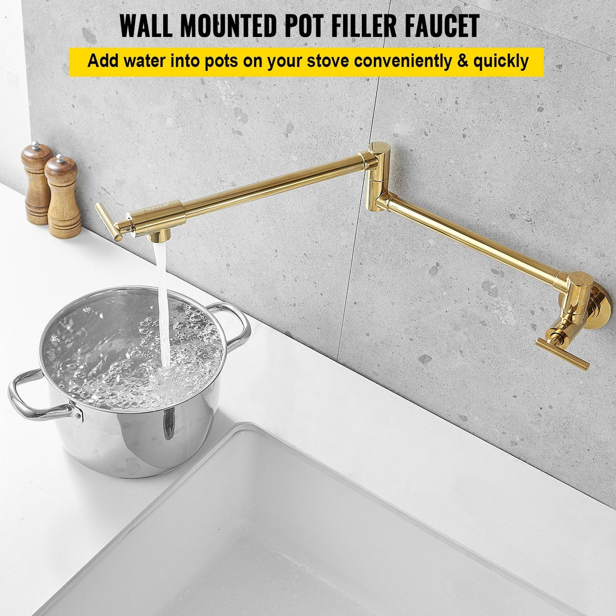 Pot Filler Faucet, Solid Brass Commercial Wall Mount Kitchen Stove Faucet with Gold Finish, Folding Restaurant Sink Faucet with Double Joint Swing Arm & 2 Handles 24.4"