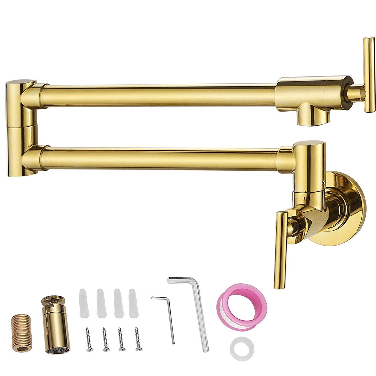 Pot Filler Faucet, Solid Brass Commercial Wall Mount Kitchen Stove Faucet with Gold Finish, Folding Restaurant Sink Faucet with Double Joint Swing Arm & 2 Handles 24.4"