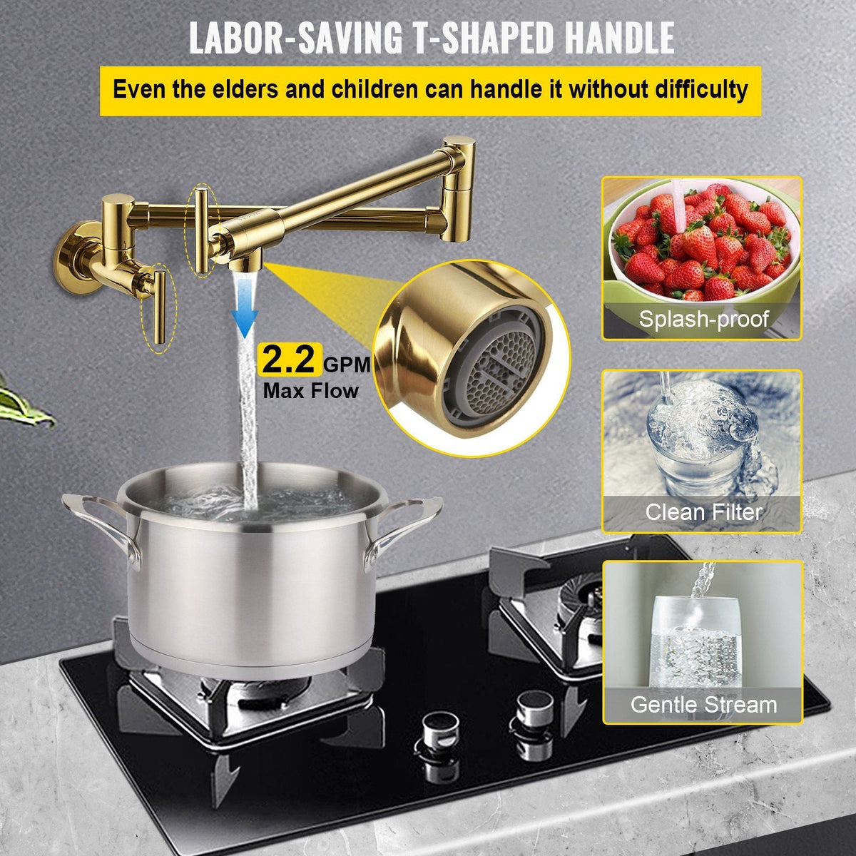 Pot Filler Faucet, Solid Brass Commercial Wall Mount Kitchen Stove Faucet with Gold Finish, Folding Restaurant Sink Faucet with Double Joint Swing Arm & 2 Handles 24.4"