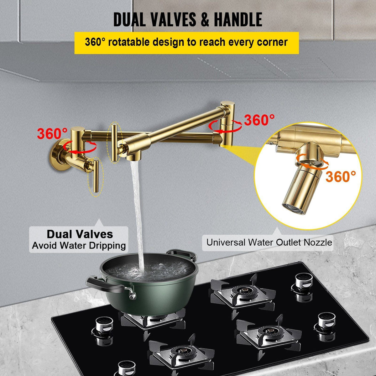 Pot Filler Faucet, Solid Brass Commercial Wall Mount Kitchen Stove Faucet with Gold Finish, Folding Restaurant Sink Faucet with Double Joint Swing Arm & 2 Handles 24.4"