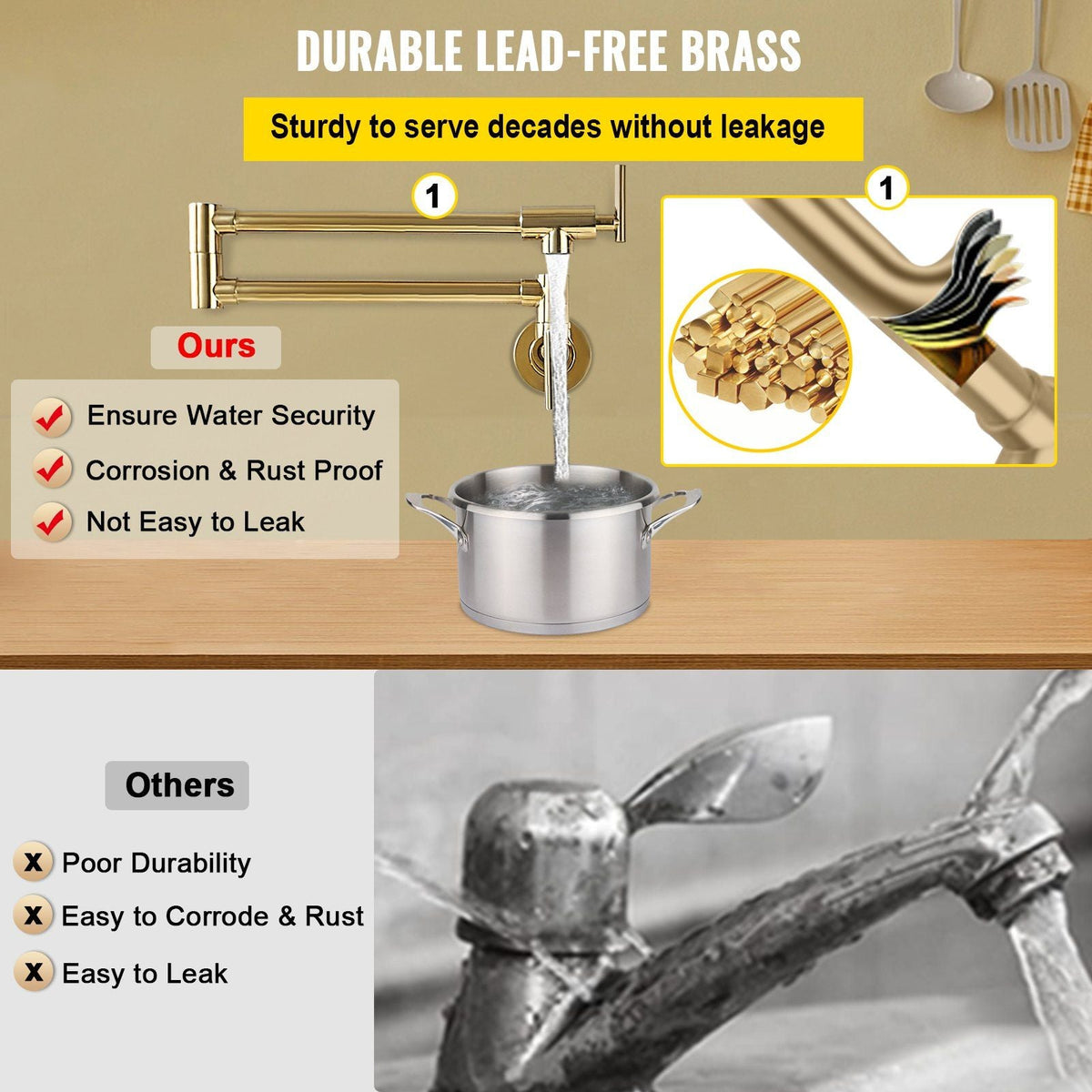 Pot Filler Faucet, Solid Brass Commercial Wall Mount Kitchen Stove Faucet with Gold Finish, Folding Restaurant Sink Faucet with Double Joint Swing Arm & 2 Handles 24.4"
