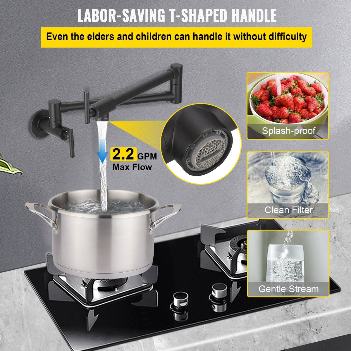 Pot Filler Faucet, Solid Brass Commercial Wall Mount Kitchen Stove Faucet with Matte Black Finish, Folding Restaurant Sink Faucet with Double Joint Swing Arm & 2 Handles 24.4"