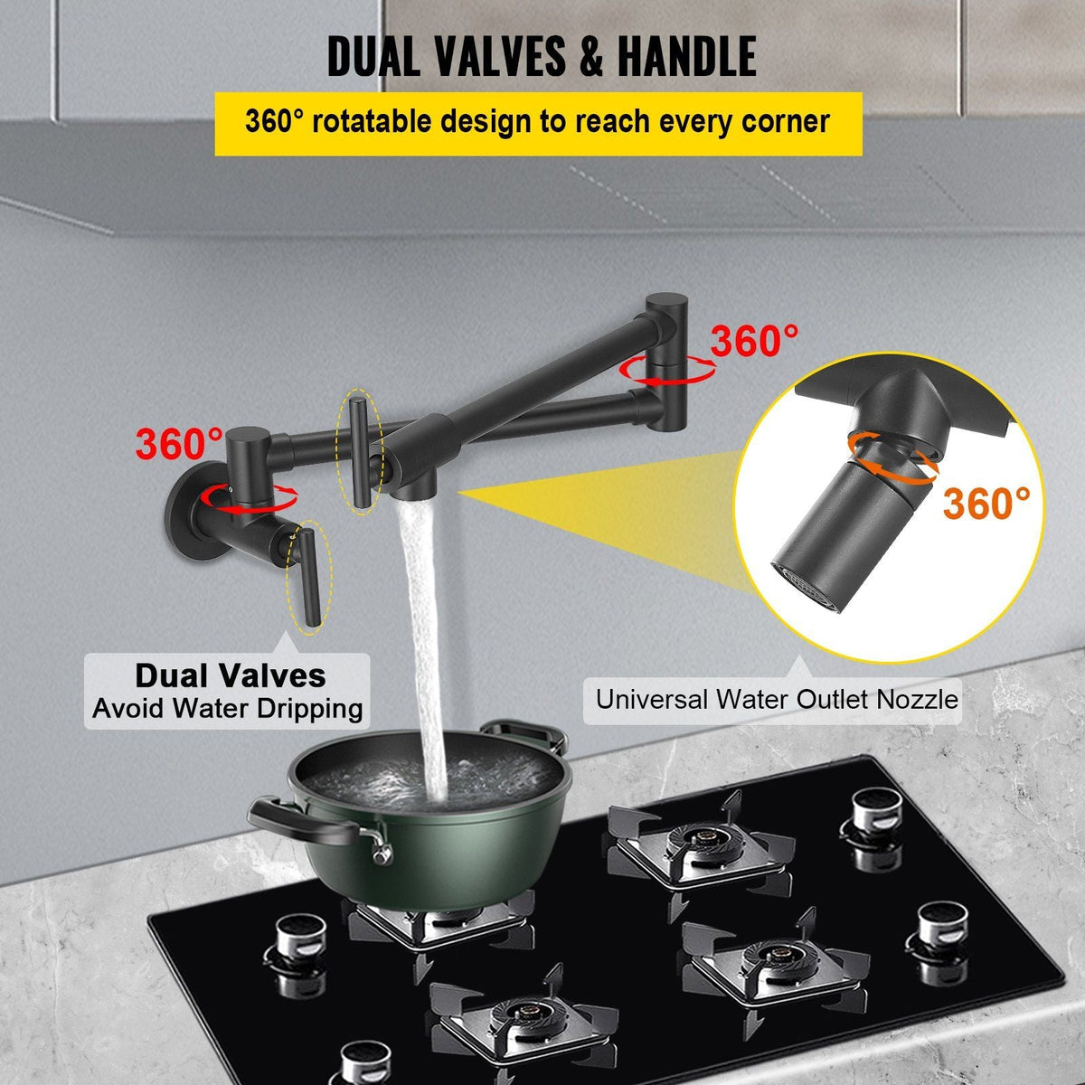 Pot Filler Faucet, Solid Brass Commercial Wall Mount Kitchen Stove Faucet with Matte Black Finish, Folding Restaurant Sink Faucet with Double Joint Swing Arm & 2 Handles 24.4"