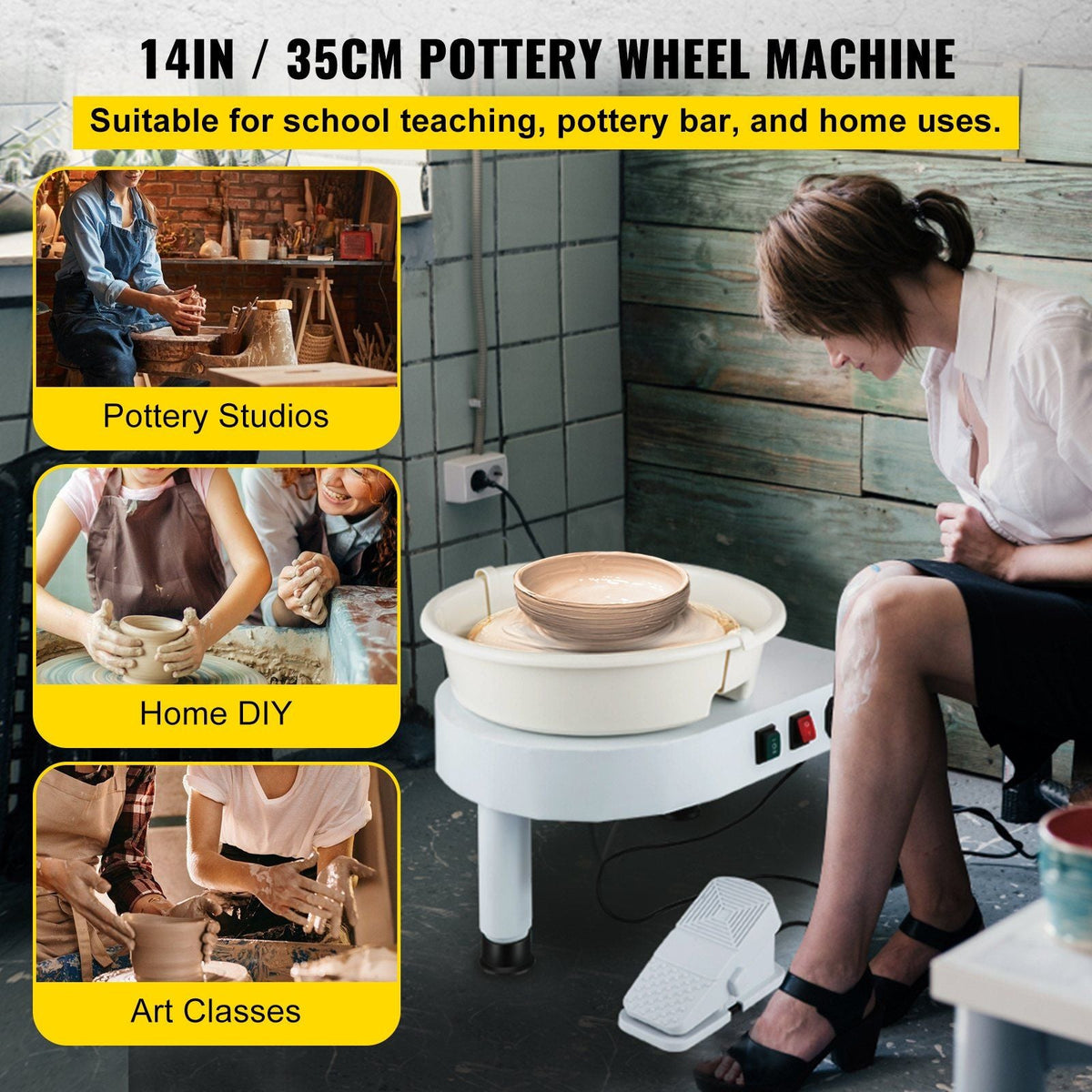 Pottery Wheel, 14in Ceramic Wheel Forming Machine, 0-300RPM Speed 0-7.8in Lift Table Electric Clay Machine, Foot Pedal Detachable Basin Sculpting Tool Accessory Kit for Work Home Art Craft DIY
