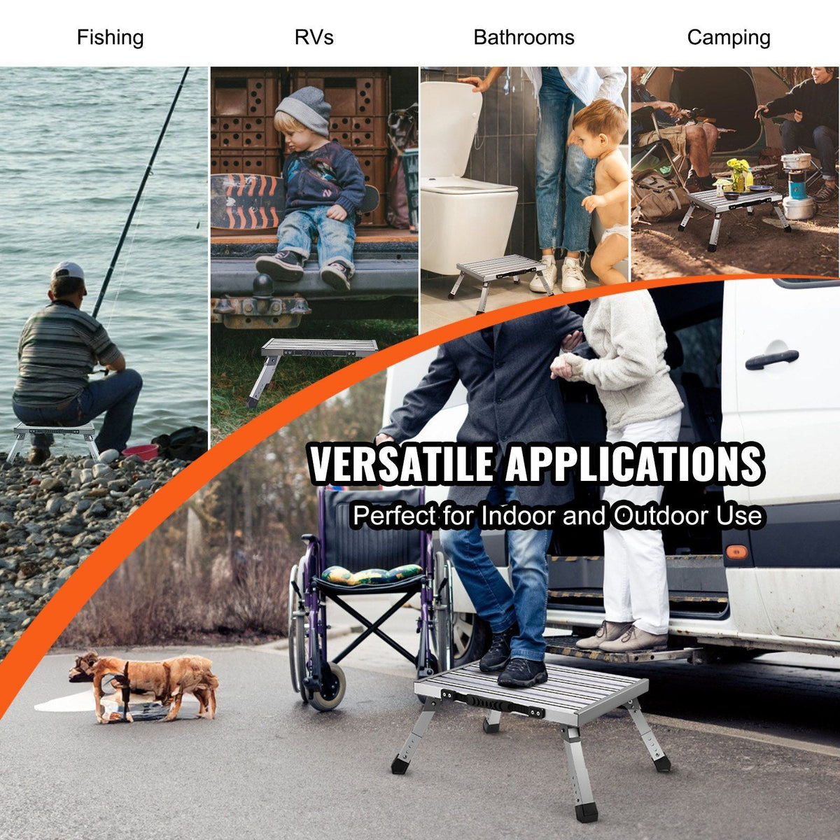 RV Steps, Aluminum Alloy Folding Platform Step Adjustable Height, Portable Step Stool with Wide Anti-Slip Surface, Rubber Feet, Reflective Strips and Handle, Supports Up to 1000lbs