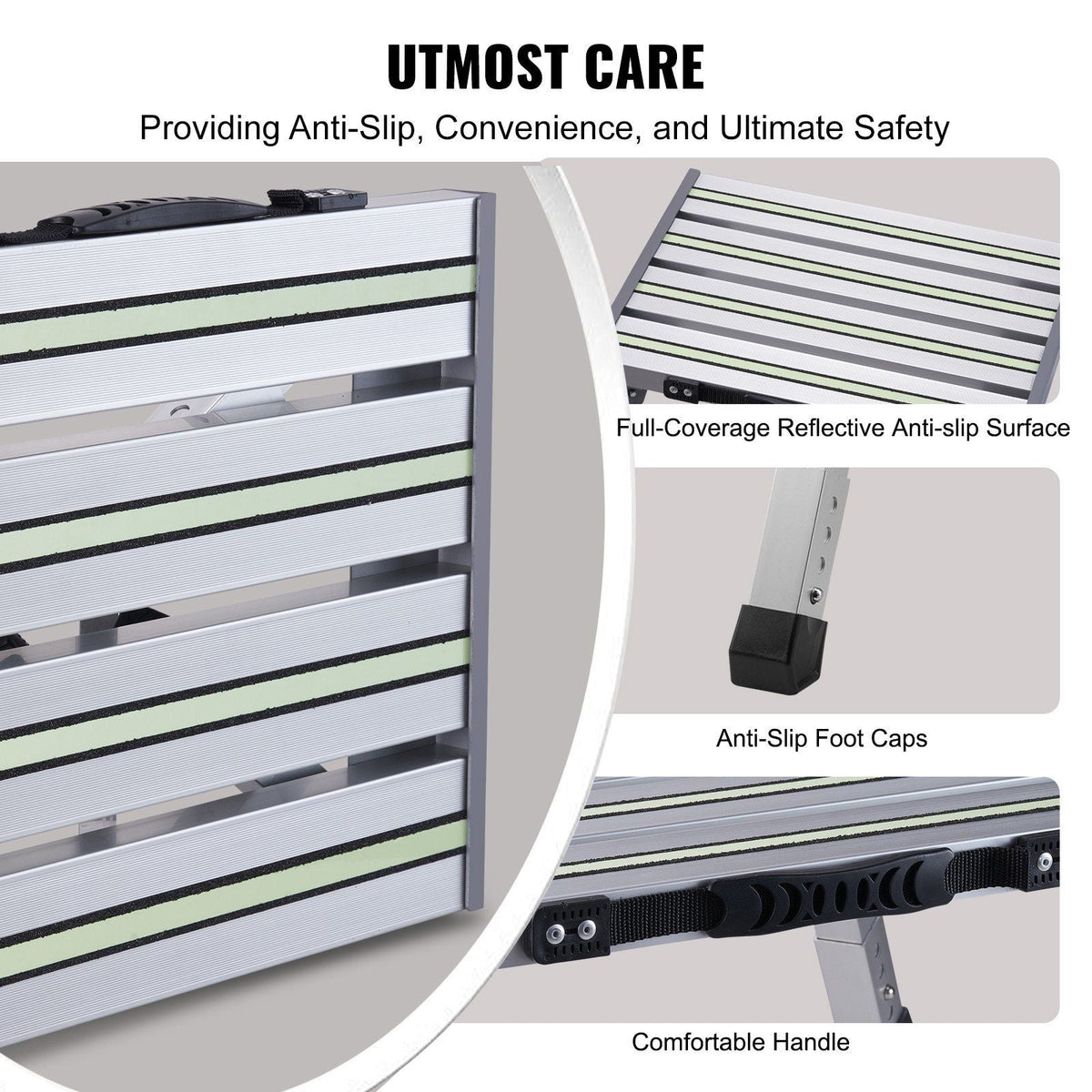 RV Steps, Aluminum Alloy Folding Platform Step Adjustable Height, Portable Step Stool with Wide Anti-Slip Surface, Rubber Feet, Reflective Strips and Handle, Supports Up to 1000lbs