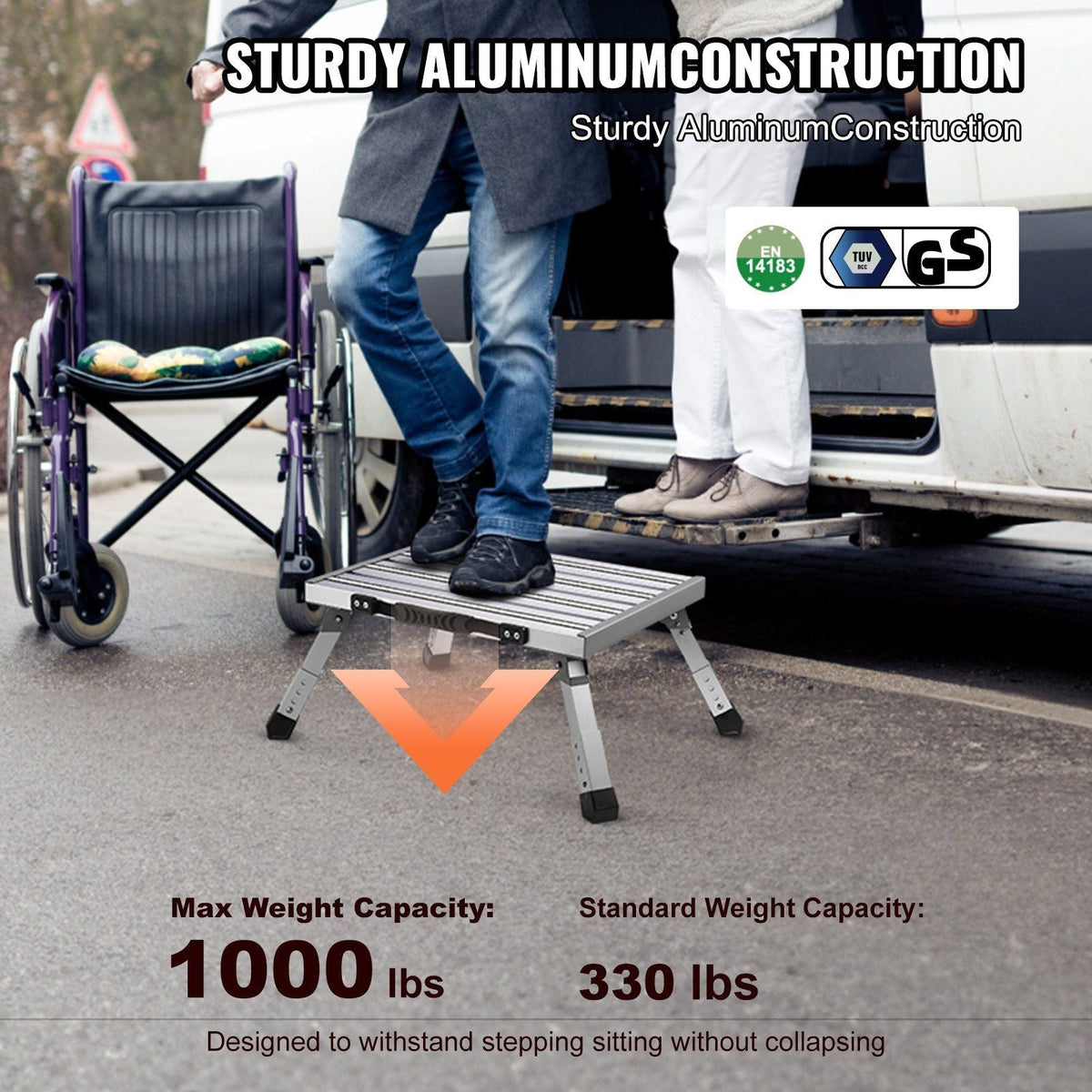 RV Steps, Aluminum Alloy Folding Platform Step Adjustable Height, Portable Step Stool with Wide Anti-Slip Surface, Rubber Feet, Reflective Strips and Handle, Supports Up to 1000lbs