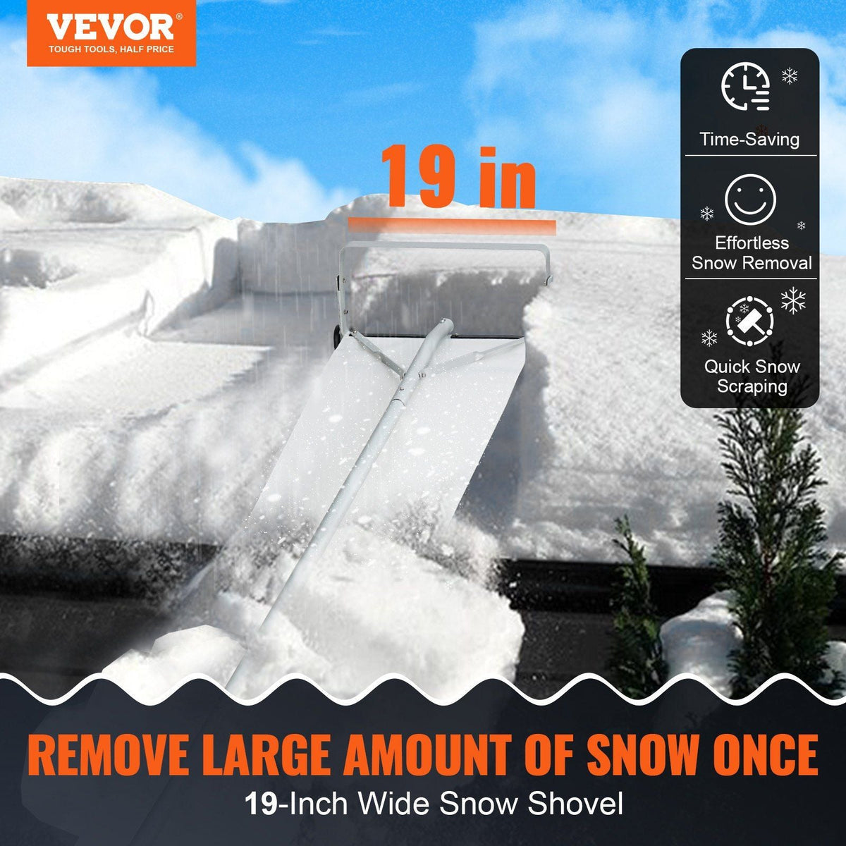 Snow Roof Rake, 30ft Reach Aluminium Roof Shovel with Slide Cloth, Premium 19" Blade Snow Removal Tool, Safe on Roof with Roll Wheels, Anti-Slip Handle, Use for House Roof, Car Snow, Wet Leaves