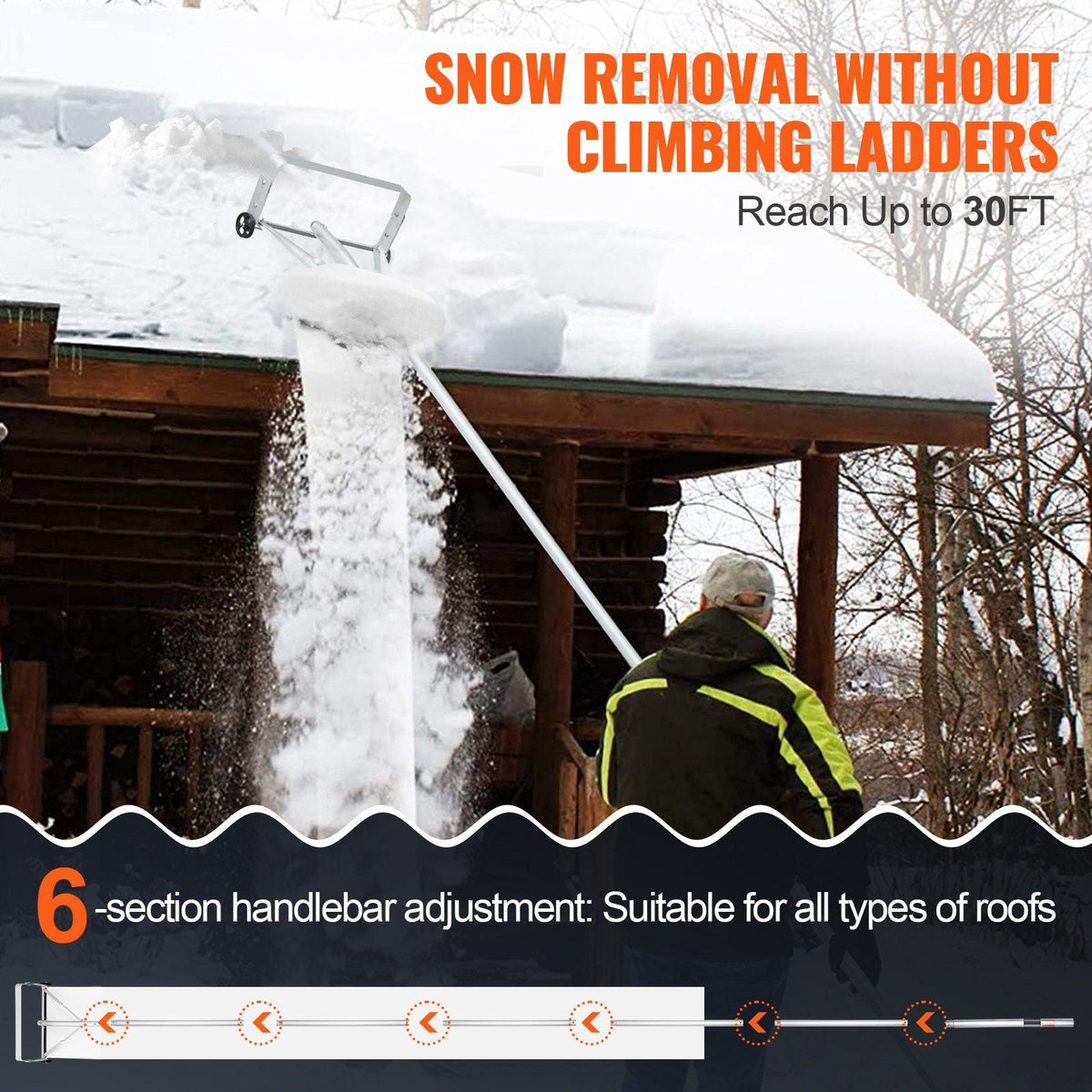 Snow Roof Rake, 30ft Reach Aluminium Roof Shovel with Slide Cloth, Premium 19" Blade Snow Removal Tool, Safe on Roof with Roll Wheels, Anti-Slip Handle, Use for House Roof, Car Snow, Wet Leaves