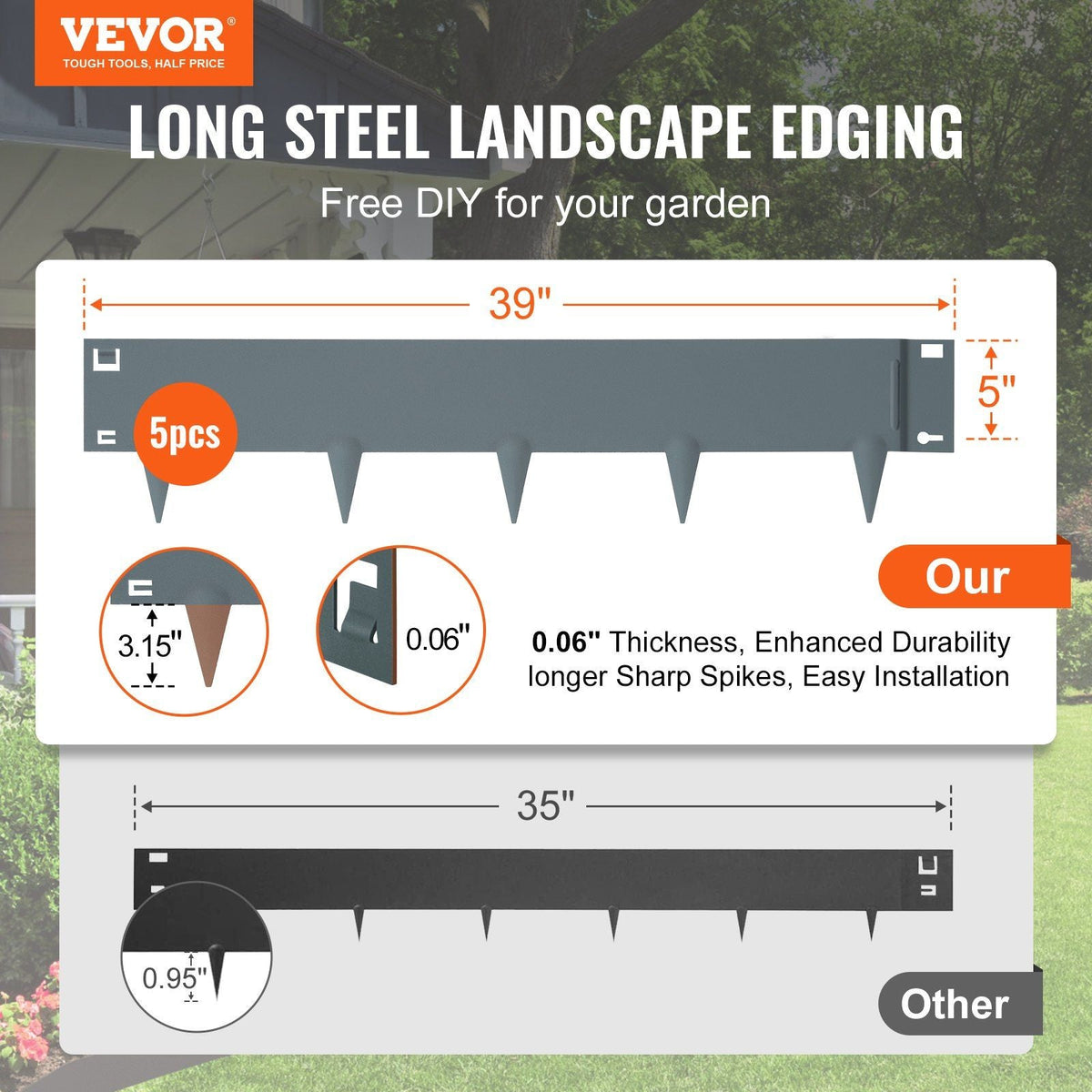 Steel Landscape Edging, 5-pack Steel Garden Edging Borders, 39" L x 5" H Strips, Hammer-in Edging Border, Bendable Metal Landscape Edging for Yard, Garden, Lawn, 3.15" Spike Height, Dark Gray
