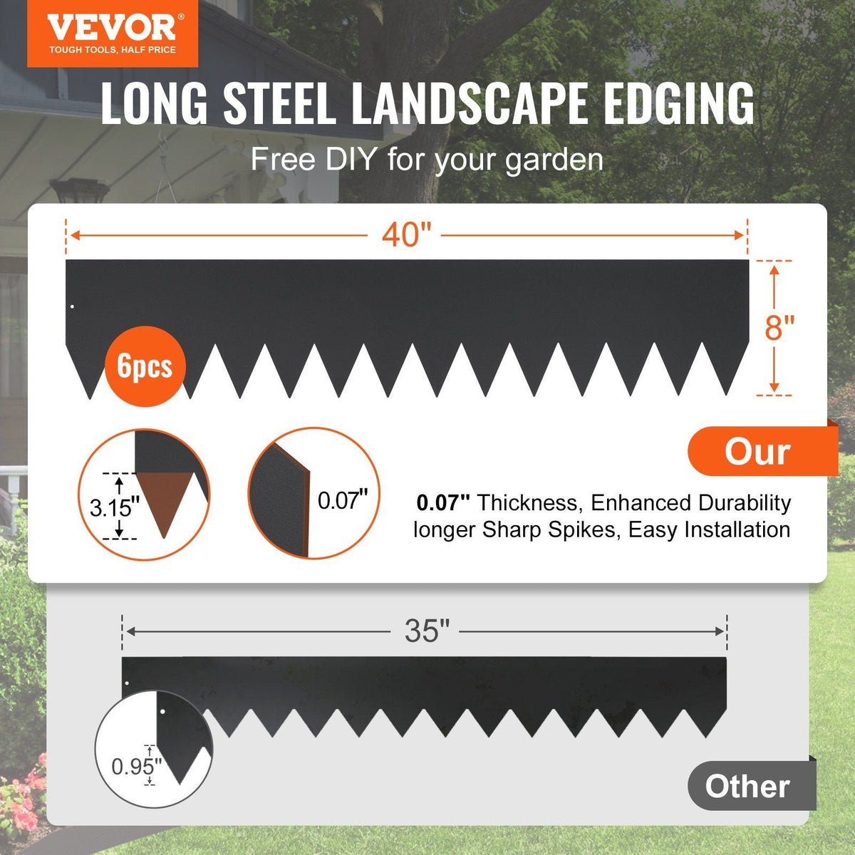 Steel Landscape Edging, 6-pack Steel Garden Edging Borders, 40" L x 8" H Strips, Hammer-in Edging Border with 8 Clips, Bendable Metal Landscape Edging for Yard, Garden, Lawn