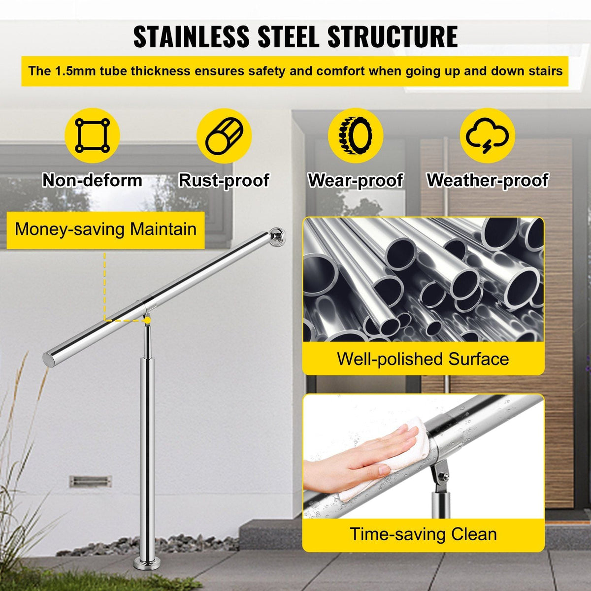 Step Handrail 304 Stainless Steel Stair Railing 1-2 Step for Indoor and Outdoor Adjustable Metal Hand Rails for Steps, 31.5x35.4 Inch, Silver