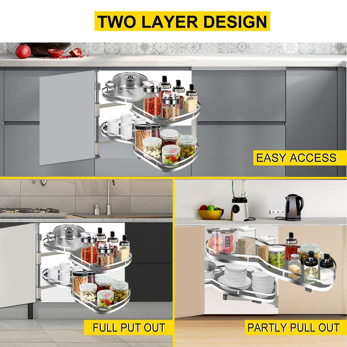 Swing Right Blind Corner Cabinet Pull Out for 36 inch Cabinet, 2 Tier Swing Tray Blind Kitchen Cabinet, Soft Close Cloud Blind Organizer for Left Handed Open Blind Corner Cabinet