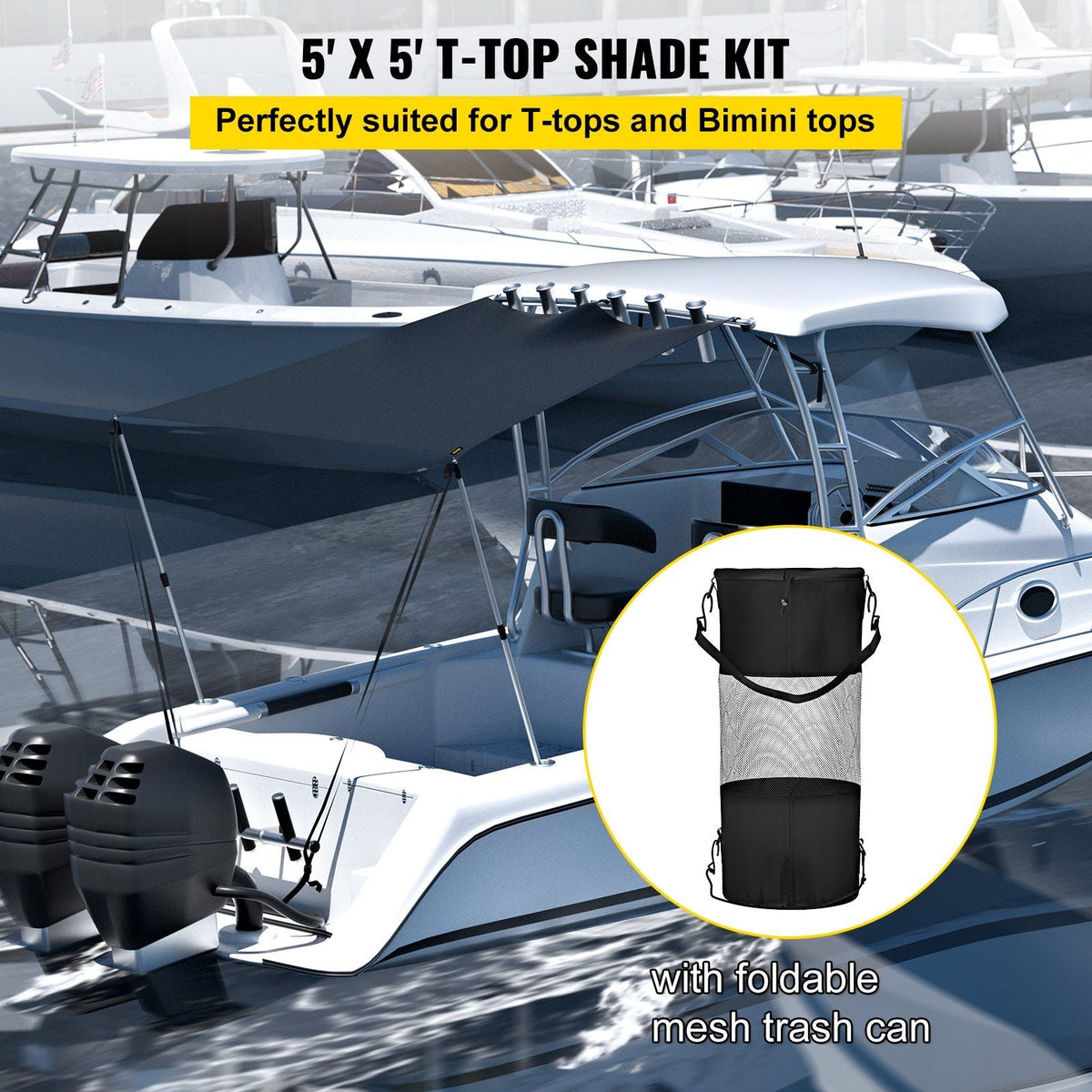 T-Top Sun Shade Kit 5' x 5', UV-Proof 600D Polyester T-top Extension Kit with Rustproof Steel Telescopic Poles, Waterproof T-Top Shade Kit, Easy to Assemble for T-Tops & Bimini Top