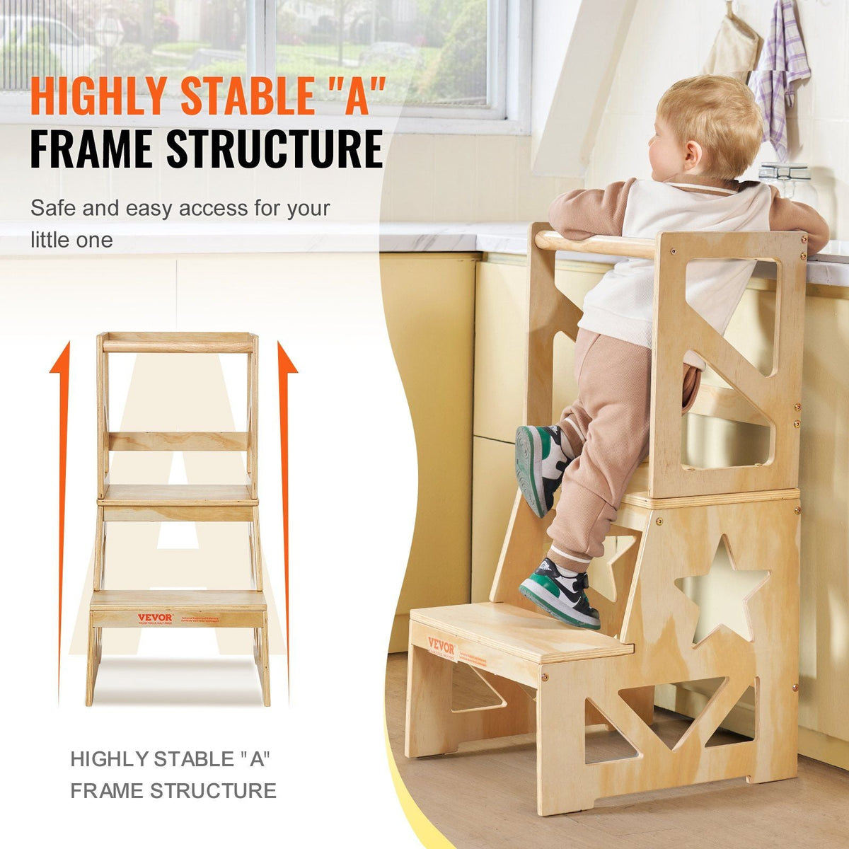 Toddler Step Stool, Natural Pine Wood Kids Kitchen Stool with Safety Rail, Standing Tower Learning Stool for Bedroom Bathroom Kitchen Counter, 150LBS Loading Capacity