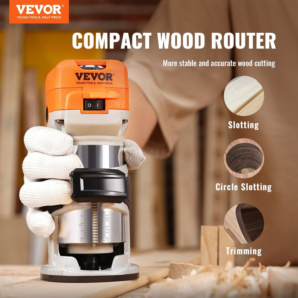 Wood Router, 1.25HP 800W, Compact Wood Trimmer Router Tool, 30000RPM Max Speed 6 Variable Speeds, with 1/4'' & 5/16'' Collets 12 PCs Milling Cutters Dust Hood, for Woodworking Slotting Trimming