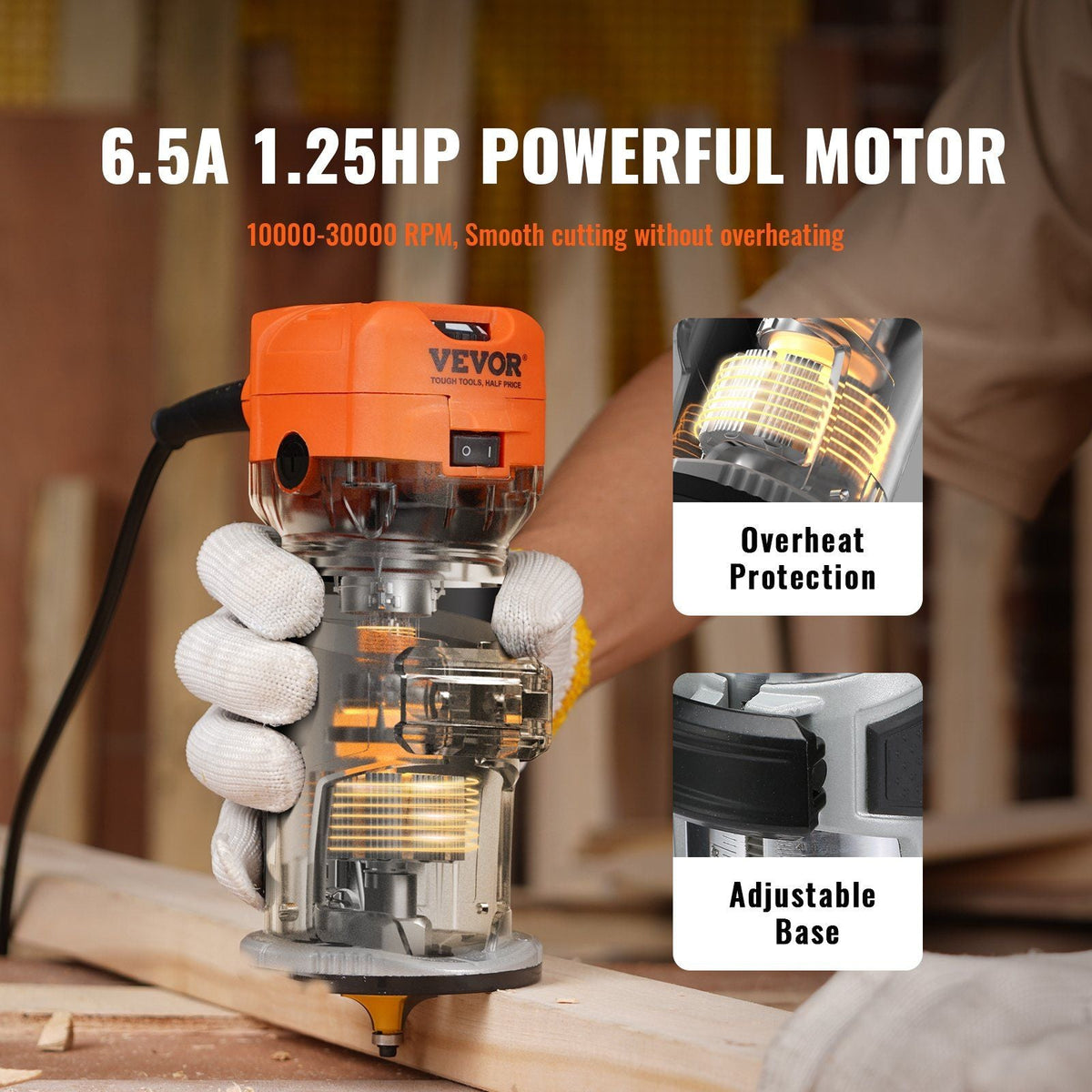 Wood Router, 1.25HP 800W, Compact Wood Trimmer Router Tool, 30000RPM Max Speed 6 Variable Speeds, with 1/4'' & 5/16'' Collets 12 PCs Milling Cutters Dust Hood, for Woodworking Slotting Trimming