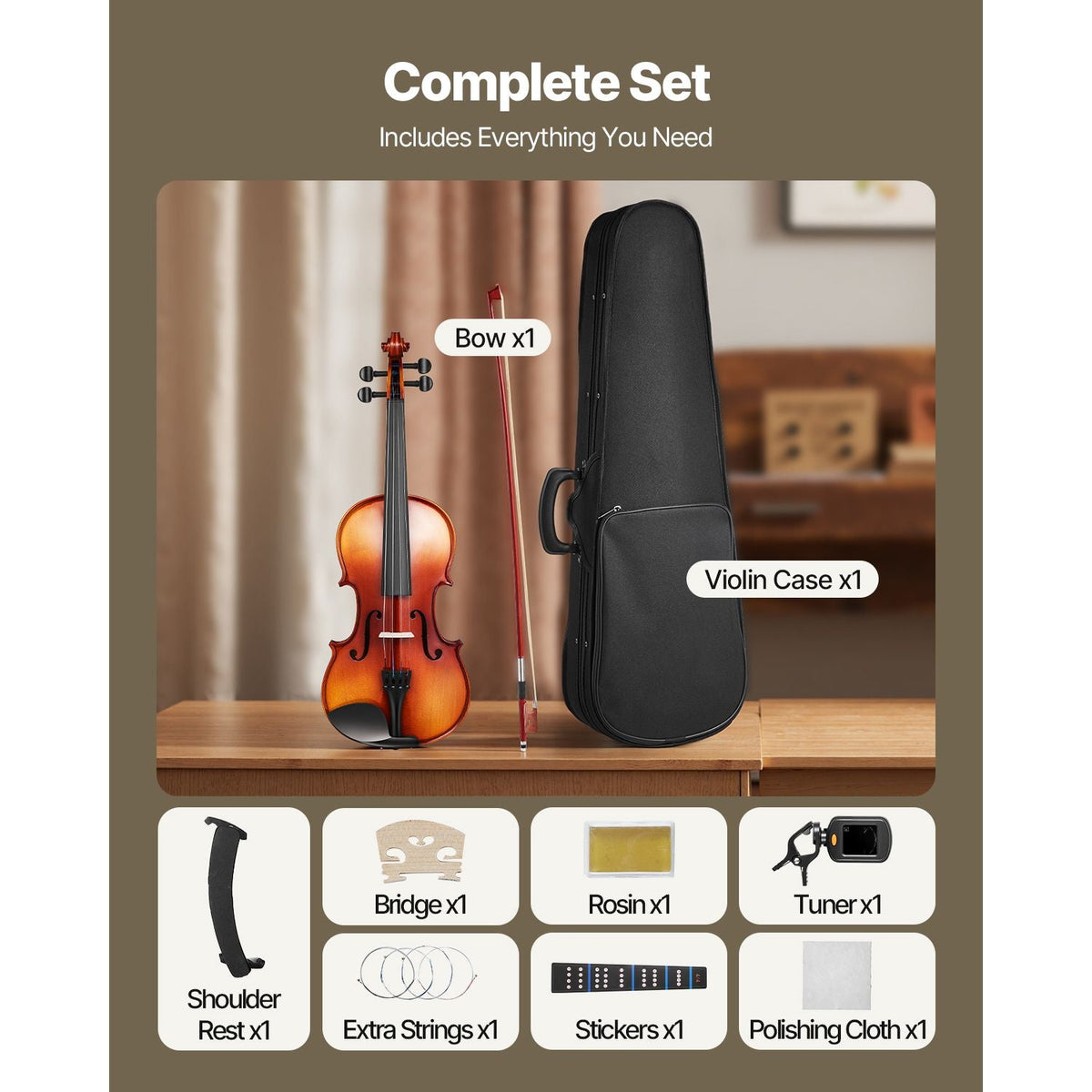 Violin 4/4 Full Size for Adults, Violin Fiddle Set for Beginners Student with Hard Case,Rosin, Bow,Shoulder Rest,Bridge,Extra Strings,Professional Solidwood Instrument (Glossy Brown Patterned)