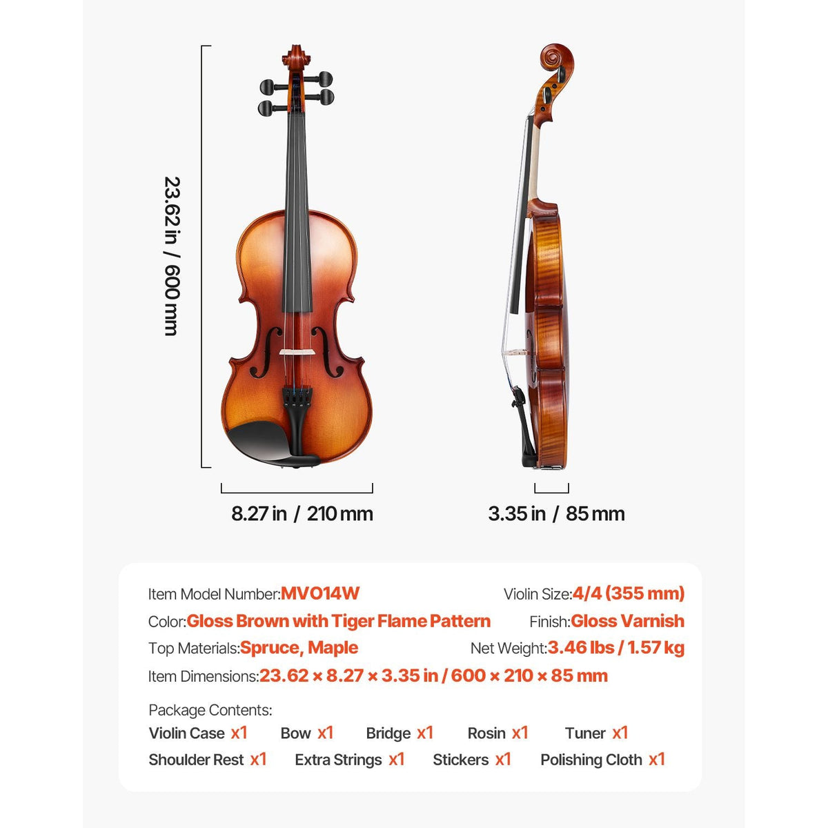 Violin 4/4 Full Size for Adults, Violin Fiddle Set for Beginners Student with Hard Case,Rosin, Bow,Shoulder Rest,Bridge,Extra Strings,Professional Solidwood Instrument (Glossy Brown Patterned)