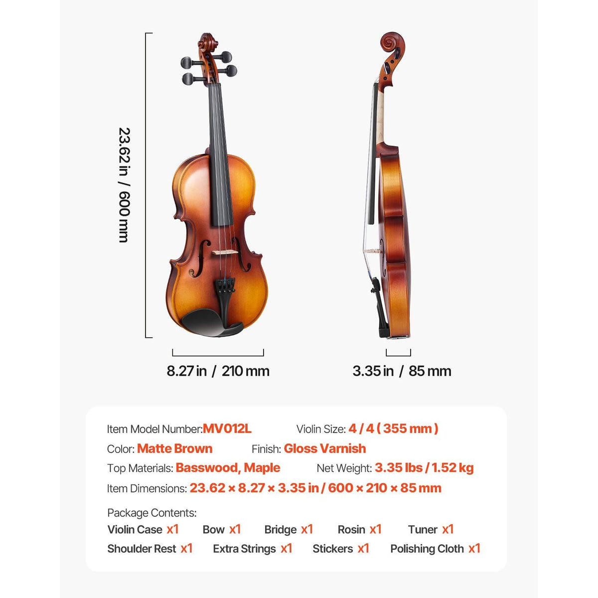 Violin 4/4 Full Size for Adults, Violin Fiddle Set for Beginners with Hard Case, Rosin, Bow, Shoulder Rest, Bridge, Tuner and Extra Strings, Professional Musical Instruments for Student (Brown)