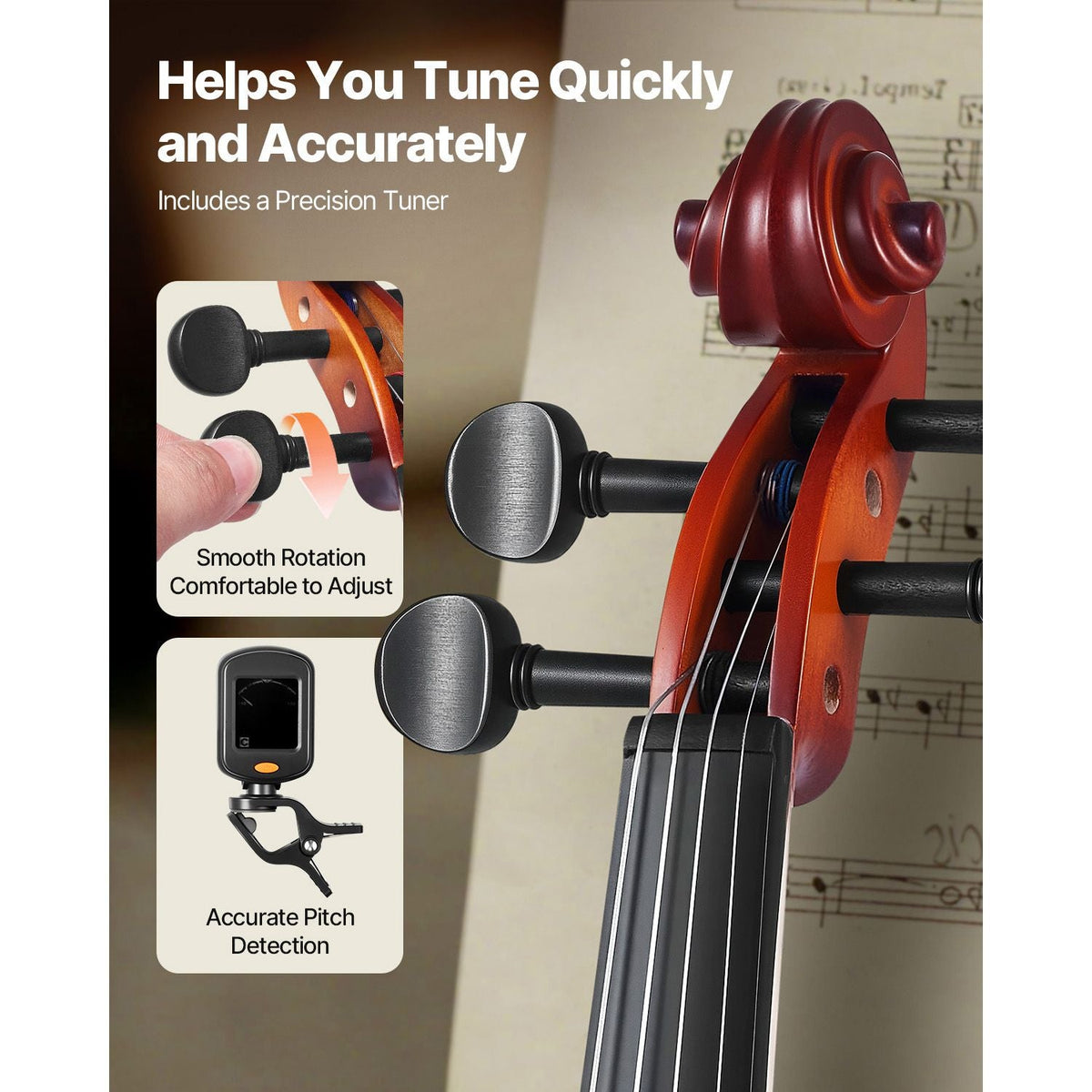 Violin 4/4 Full Size for Adults, Violin Fiddle Set for Beginners with Hard Case, Rosin, Bow, Shoulder Rest, Bridge, Tuner and Extra Strings, Professional Musical Instruments for Student (Brown)