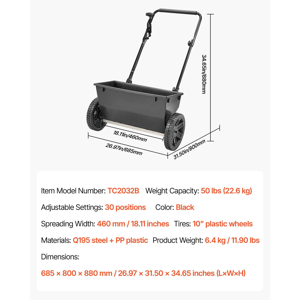 Walk-Behind Push Spreader, 50LBS Capacity, Drop Spreader with Hopper Grate, 18 in Spreading Width & 30 Settings, 10 in All Terrain Tires, Garden & Lawn Spreaders for Seed, Fertilizer, Salt