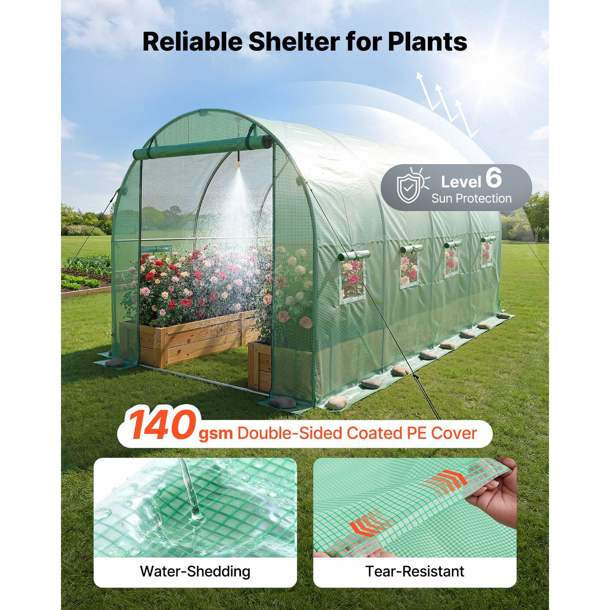 Walk-in Tunnel Greenhouse, 15 x 7 x 7 ft Hoop House Greenhouse Tunnel with Watering System, Plant Hot House with Steel Frame, PE Cover, Roll-Up Zipper Door and 8 Windows for Outdoors, Green