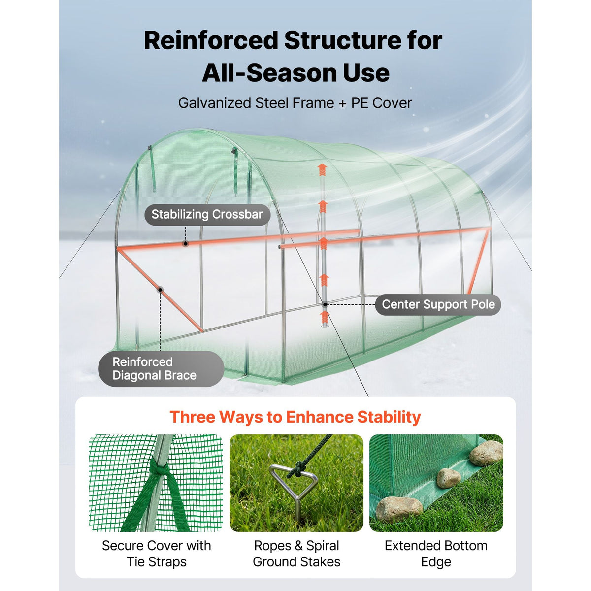Walk-in Tunnel Greenhouse, 15 x 7 x 7 ft Hoop House Greenhouse Tunnel with Watering System, Plant Hot House with Steel Frame, PE Cover, Roll-Up Zipper Door and 8 Windows for Outdoors, Green