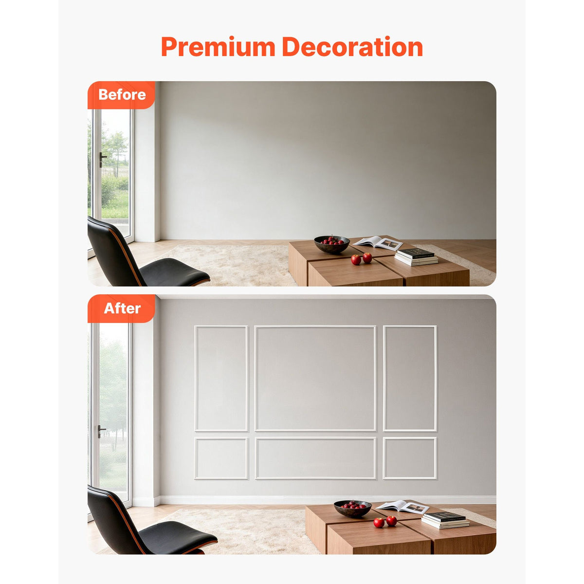 Wall Molding 3 Pack, Wainscoting Panels Kit, Lightweight Paintable Polystyrene, Easy to Install Accent Wall Trim for Interior Décor Living Room, Bedroom, Home, White (31x63 + 31x24 in)