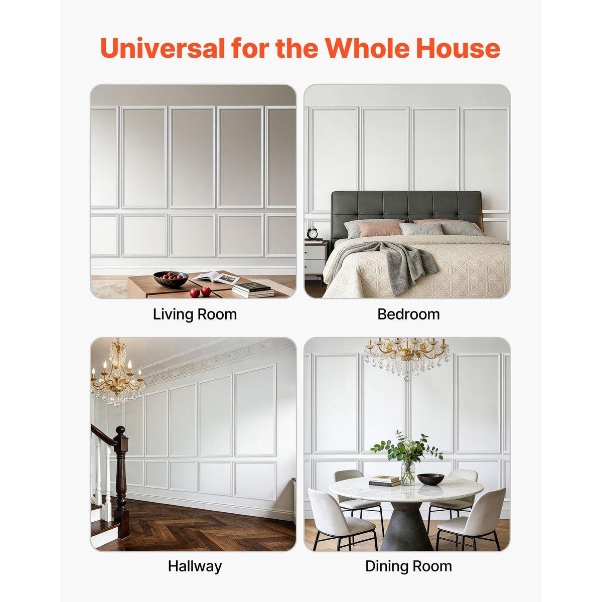 Wall Molding 6 Pack, Wainscoting Panels Kit, Lightweight Paintable Polystyrene, Easy to Install, Waterproof Accent Wall Trim for Interior Décor Living Room, Bedroom, White (24x54 + 24x24 in)