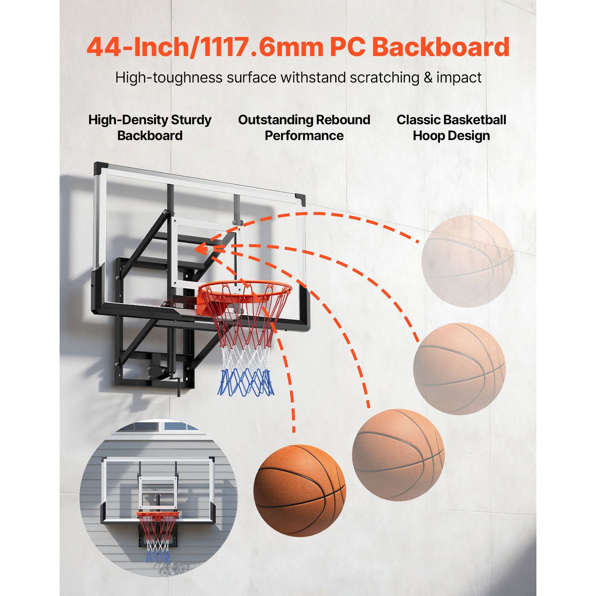 Wall Mount Basketball Hoop, 54-inch PC Backboard Mounted Basketball Hoop Outdoor with Hand-Crank Adjustment, 0.11 inch Thickened Backboard, Classic Basketballs Hoops Design, Indoor & Outdoor Use