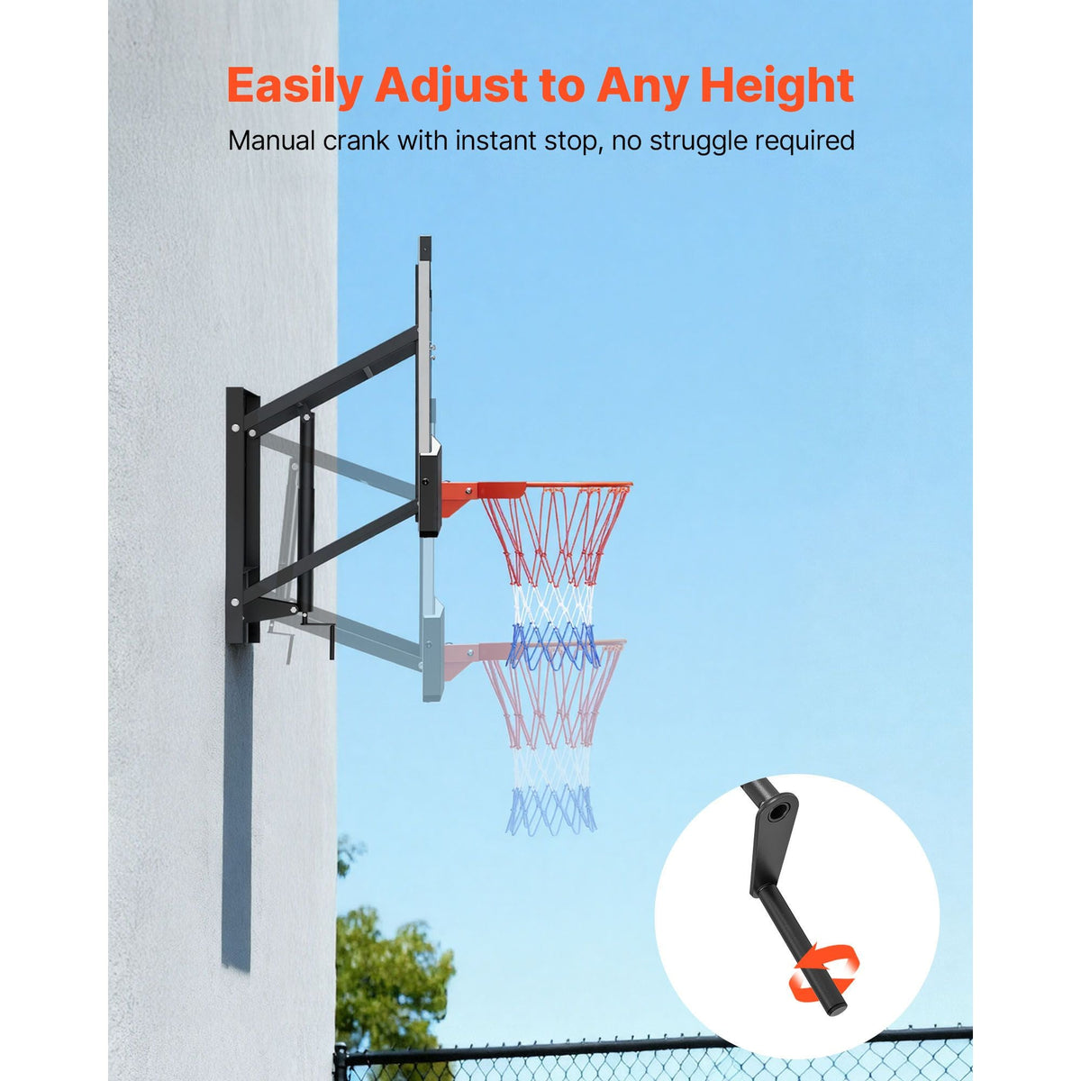 Wall Mount Basketball Hoop, 54-inch PC Backboard Mounted Basketball Hoop Outdoor with Hand-Crank Adjustment, 0.11 inch Thickened Backboard, Classic Basketballs Hoops Design, Indoor & Outdoor Use