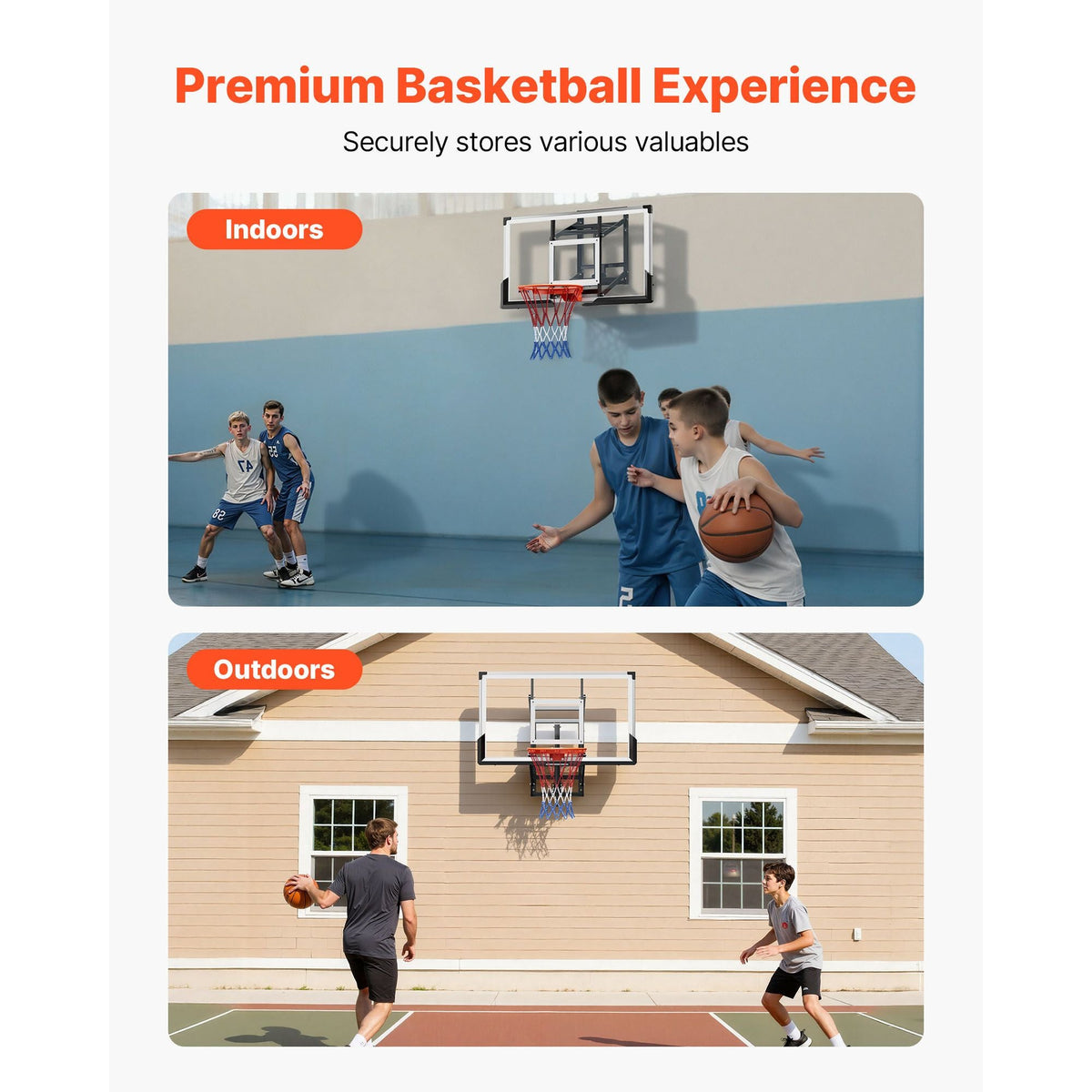 Wall Mount Basketball Hoop, 54-inch PC Backboard Mounted Basketball Hoop Outdoor with Hand-Crank Adjustment, 0.11 inch Thickened Backboard, Classic Basketballs Hoops Design, Indoor & Outdoor Use