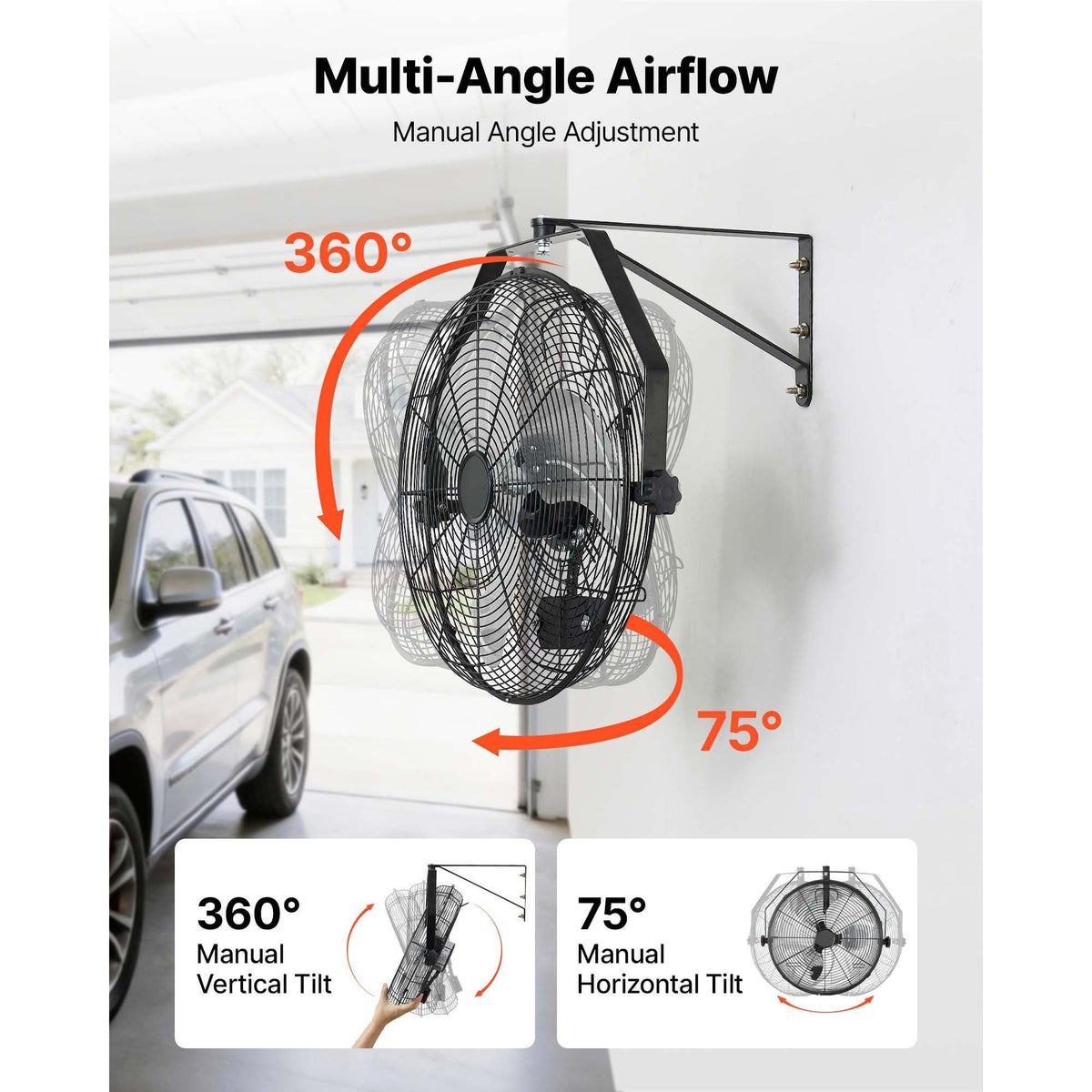Wall Mount Fan, 18 in Wall Mounted Hanging Fan with IP44-rated Protection, 3-Speed, Long Airflow Distance, Adjustable Rotation Angle, Powerful for Industry, Commercial, Garage, Workshop