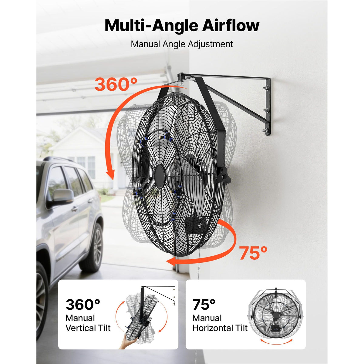 Wall Mount Fan, 20 in Wall Mounted Hanging Fan with Mist, IP44-rated Protection, 3-Speed, Long Airflow Distance, Adjustable Rotation Angle, Powerful for Industry, Commercial, Garage, Workshop