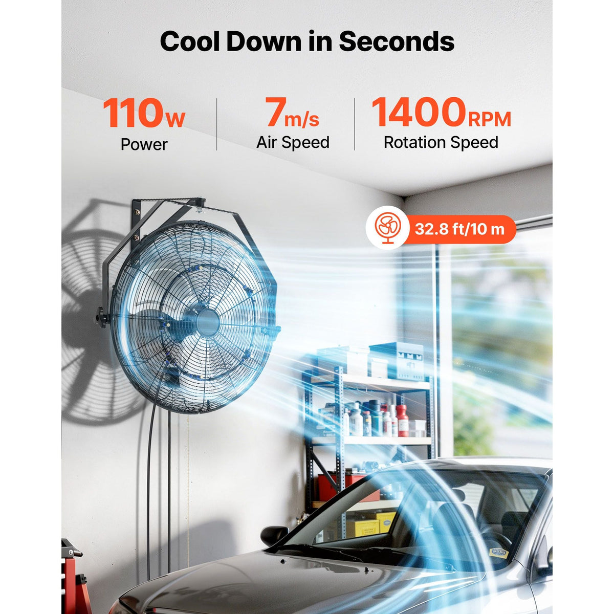 Wall Mount Fan, 20 in Wall Mounted Hanging Fan with Mist, IP44-rated Protection, 3-Speed, Long Airflow Distance, Adjustable Rotation Angle, Powerful for Industry, Commercial, Garage, Workshop
