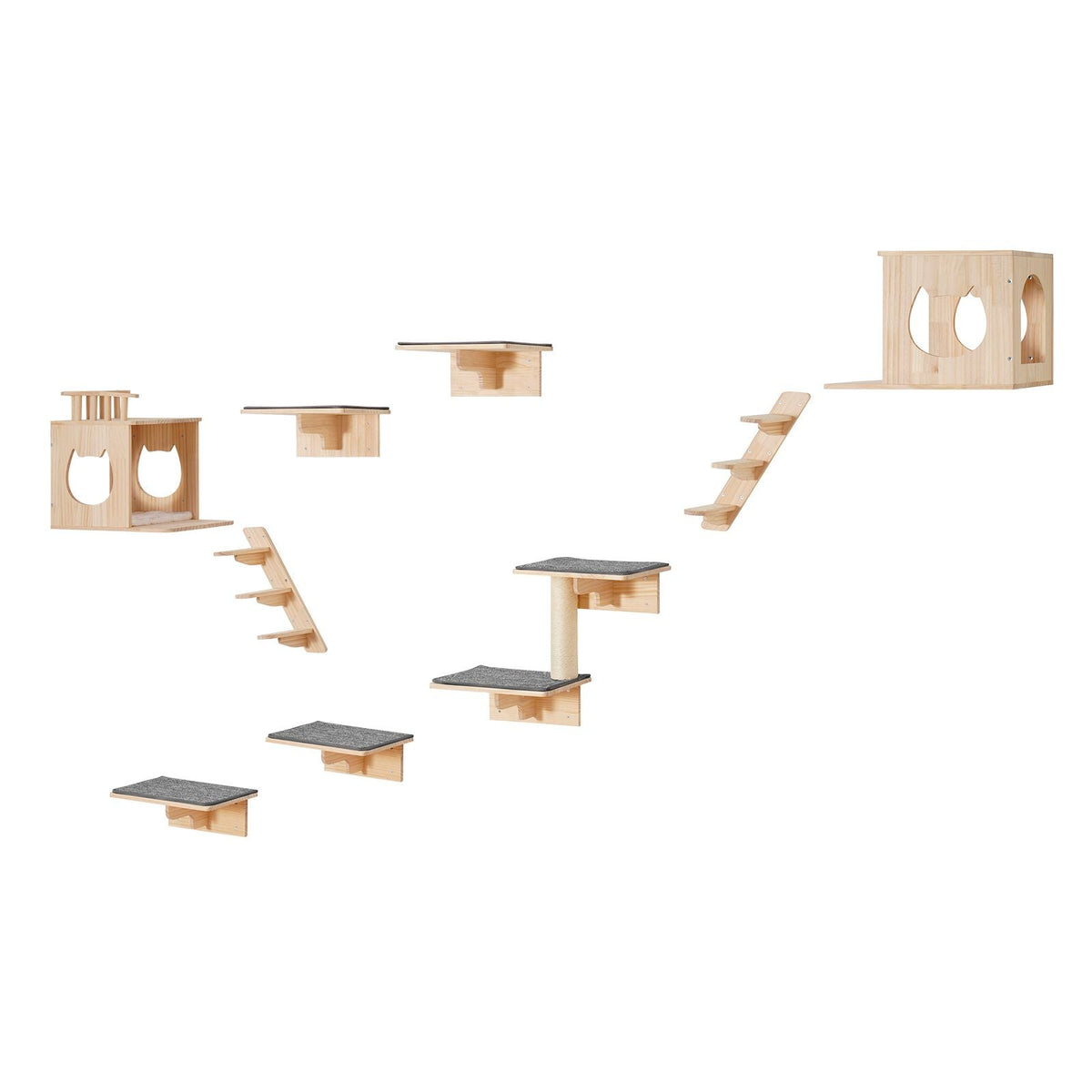 Wall Mounted Cat Shelves, Cat Wall Shelves and Perches with Jumping Boards, Cat Beds, Hammocks & Cat Tree, Cat Furniture and Shelves up to 40 lbs for Sleeping, Playing, Climbing, Set of 9