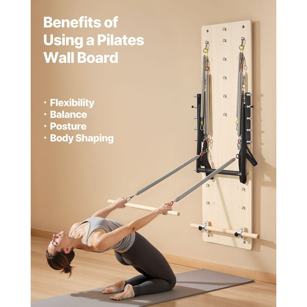 Wall Mounted Pilates Reformer Machine, Maple Wood Pilates Springboard, Exercise Equipment with Resistance Springs, Yoga Fitness Trainer, Suitable for Flexibility Balance, Home Gym Studio Workout