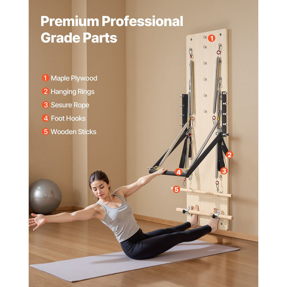 Wall Mounted Pilates Reformer Machine, Maple Wood Pilates Springboard, Exercise Equipment with Resistance Springs, Yoga Fitness Trainer, Suitable for Flexibility Balance, Home Gym Studio Workout
